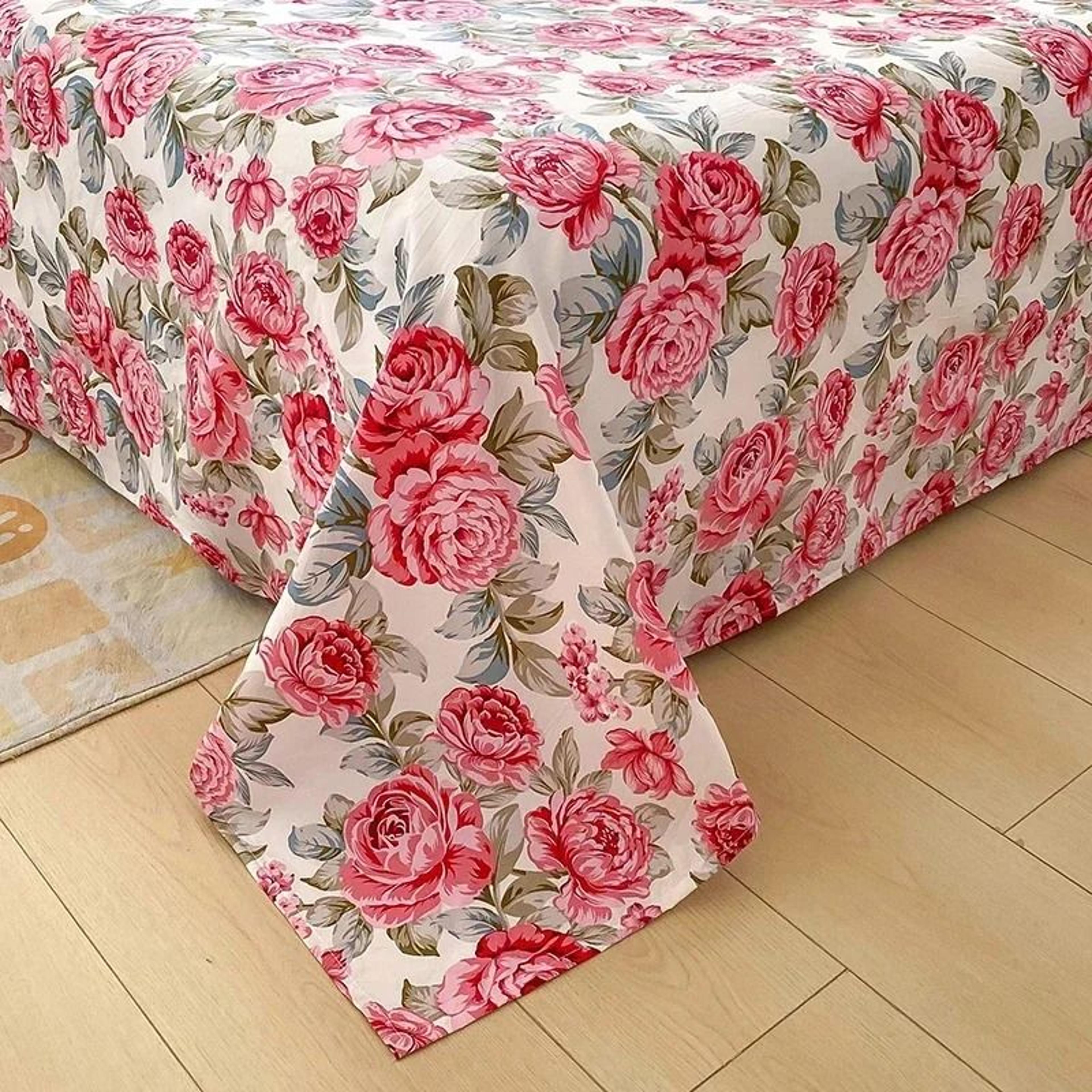 Red Flower Printed Flat Bed Sheet Reactive Printed Microfiber Top Sheet 2