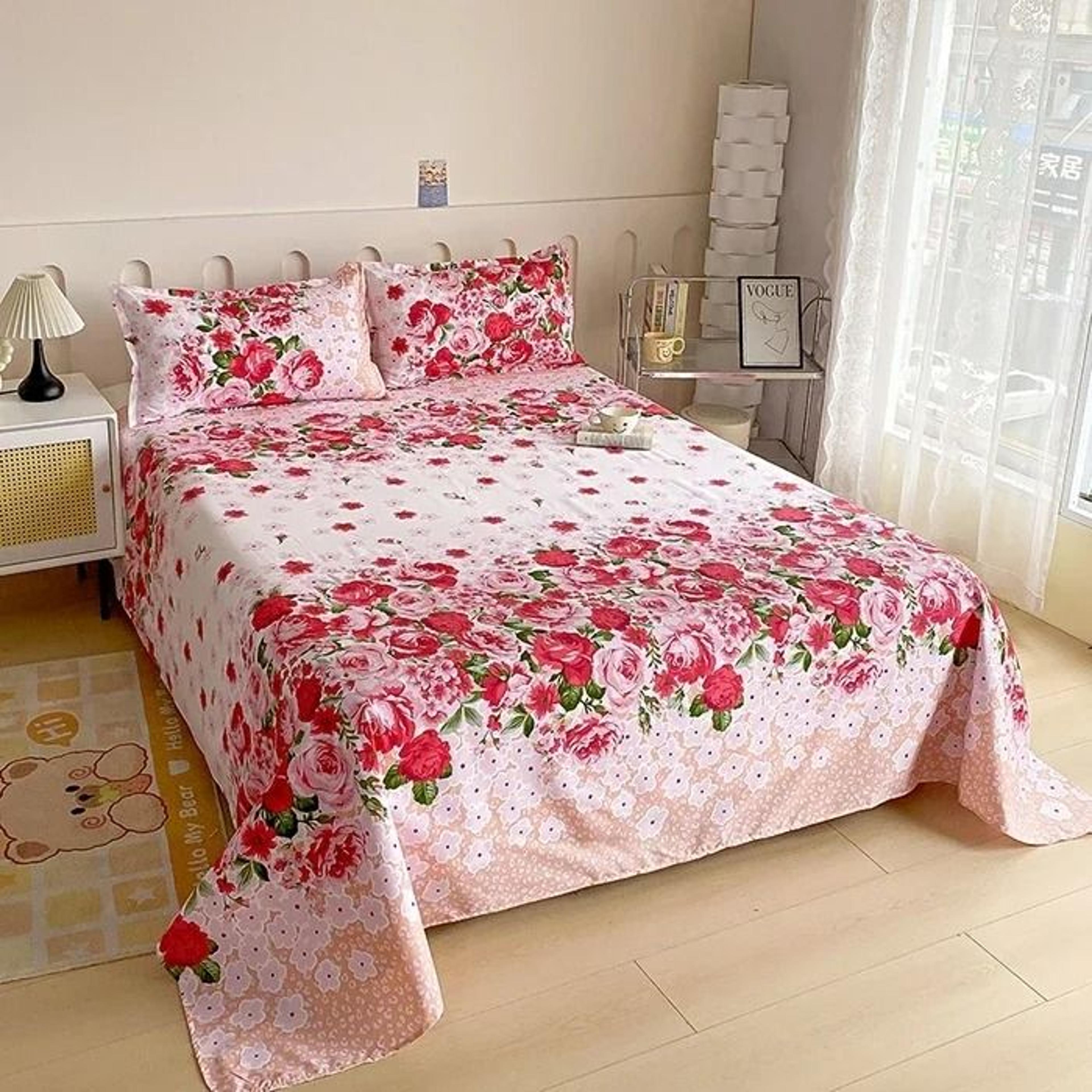 Red Flower Printed Flat Bed Sheet Reactive Printed Microfiber Top Sheet 13