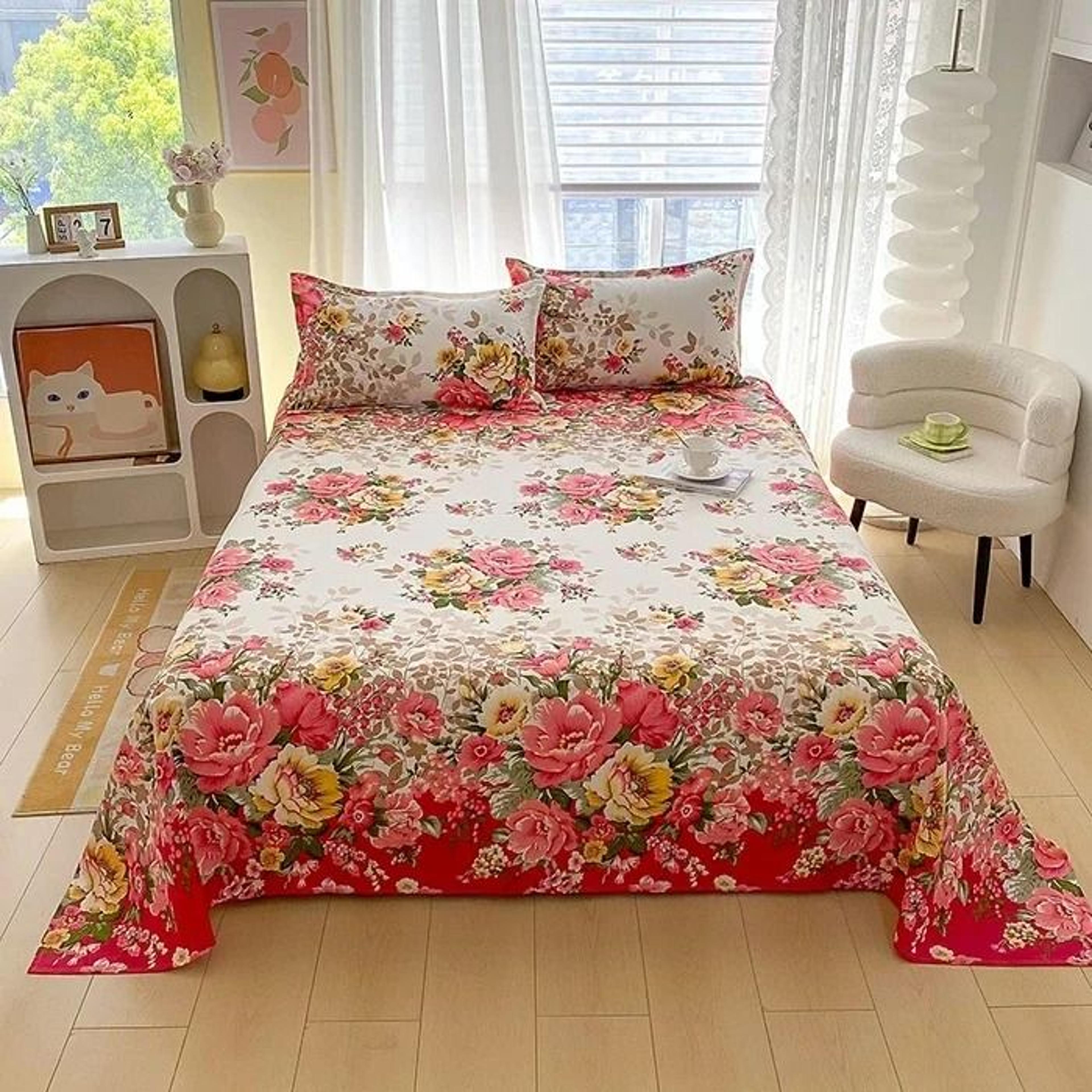 Red Flower Printed Flat Bed Sheet Reactive Printed Microfiber Top Sheet 15