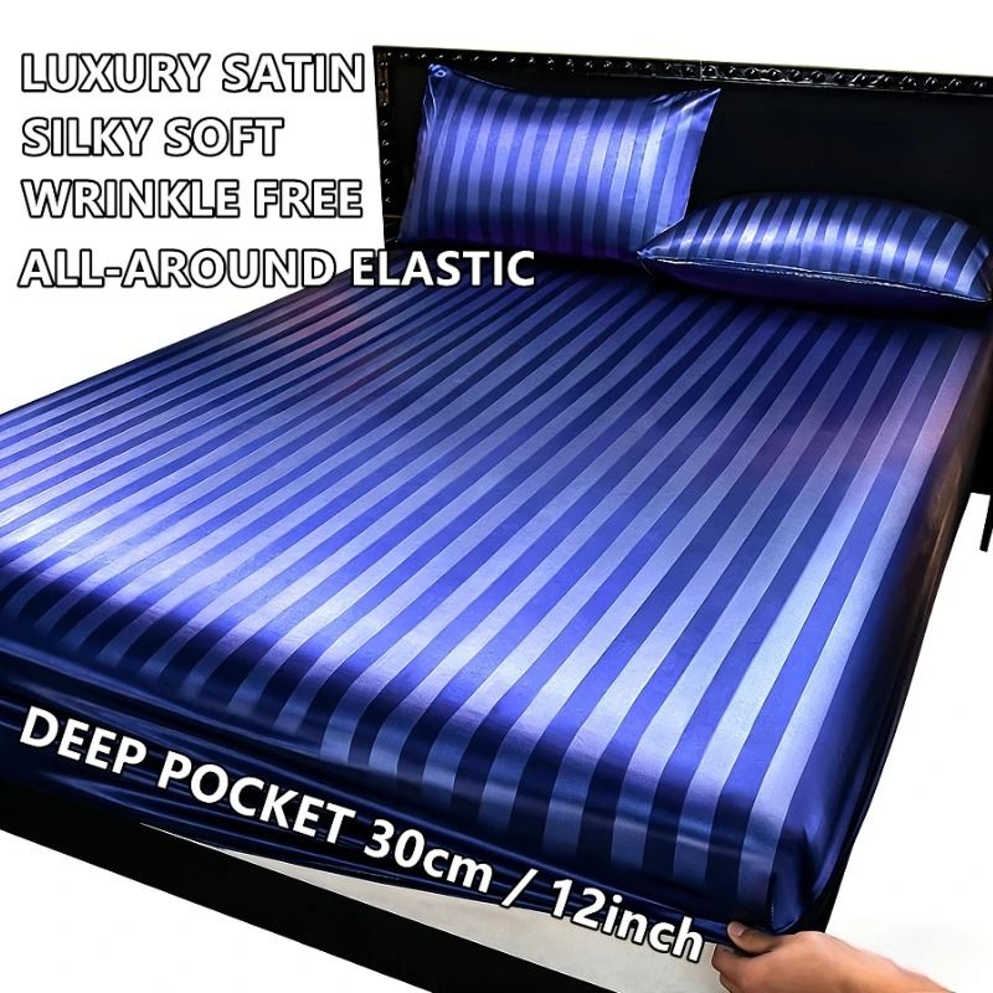 Luxury Satin Striped Silky Soft Fitted Sheet Deep Pocket Mattress Cover 1