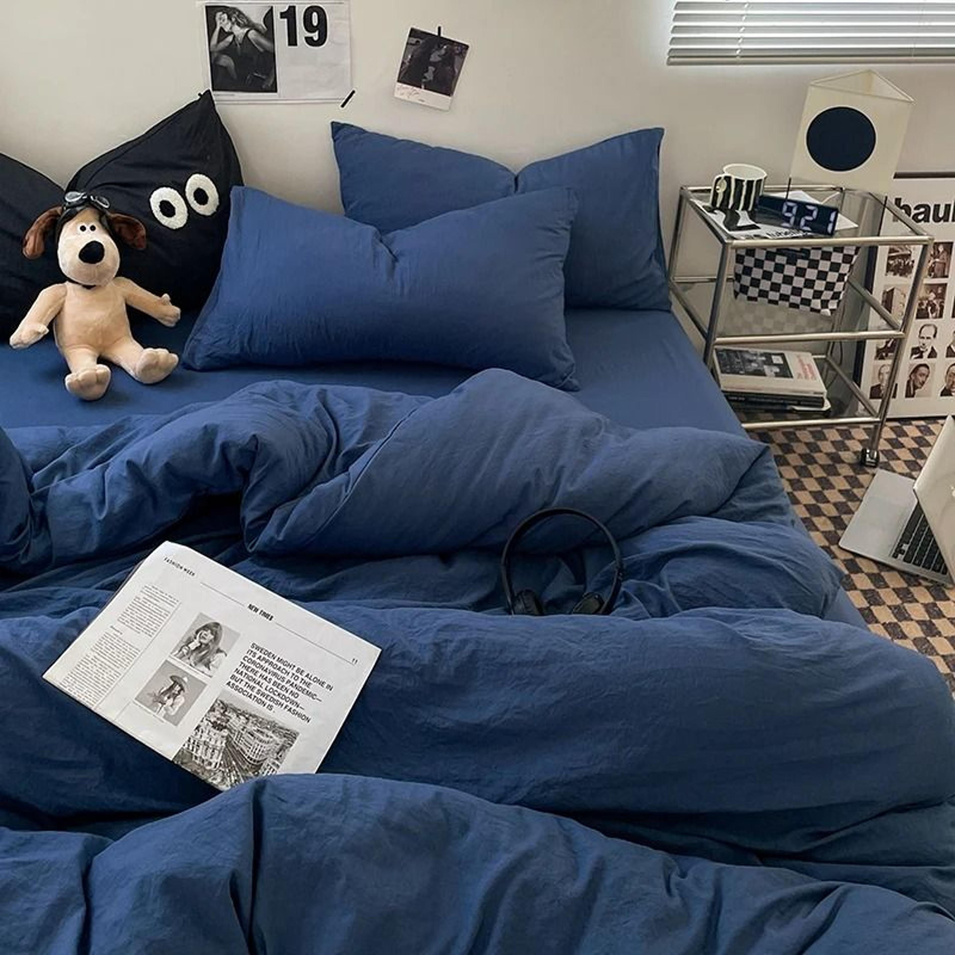Solid Blue Washed Cotton Duvet Cover Soft Breathable Quilt Cover For Girls  Boys Bedrooms 0