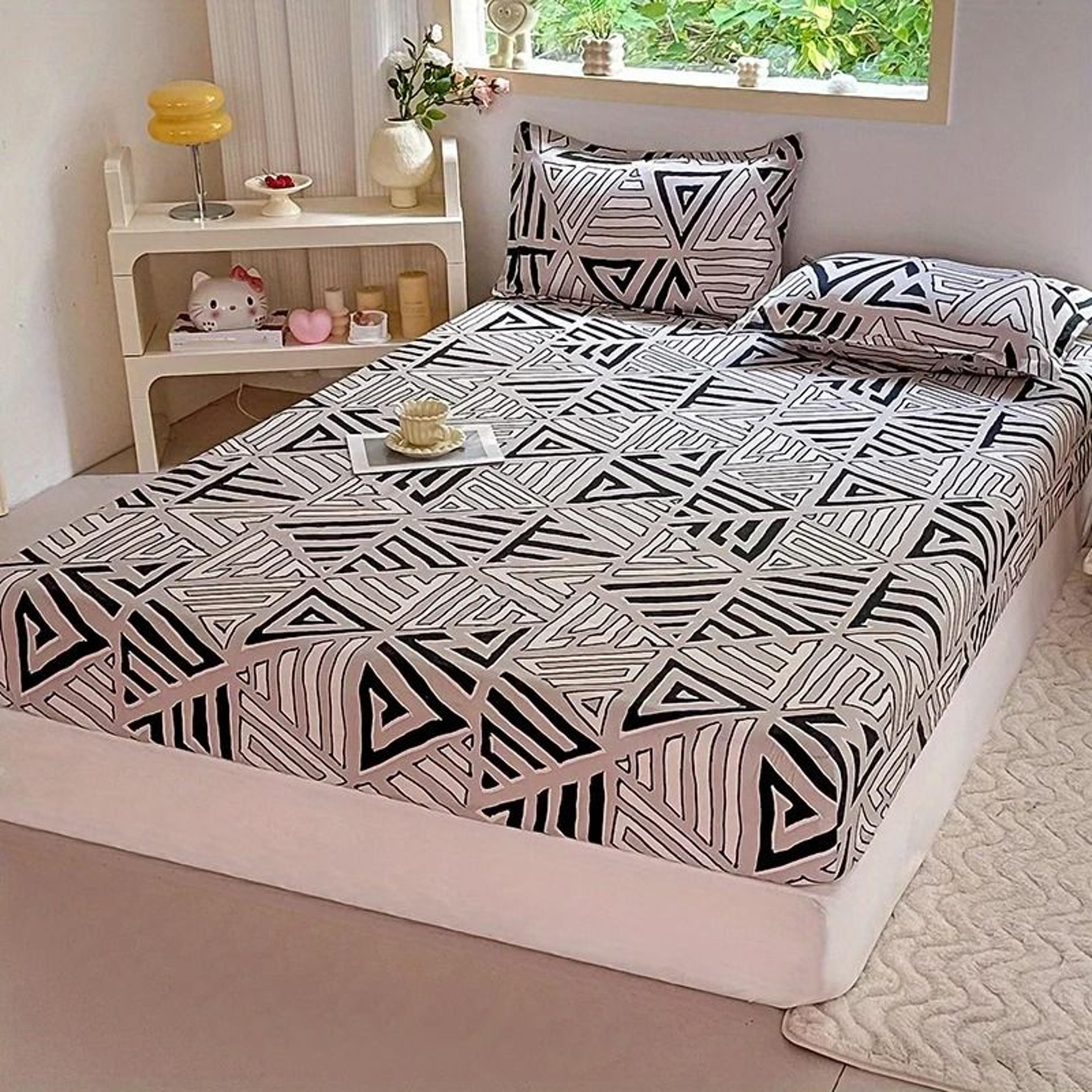 3pcs Printed Fitted Bed Sheet Set With Matching Pillowcases Soft  Comfortable Bedding Set No Core 8