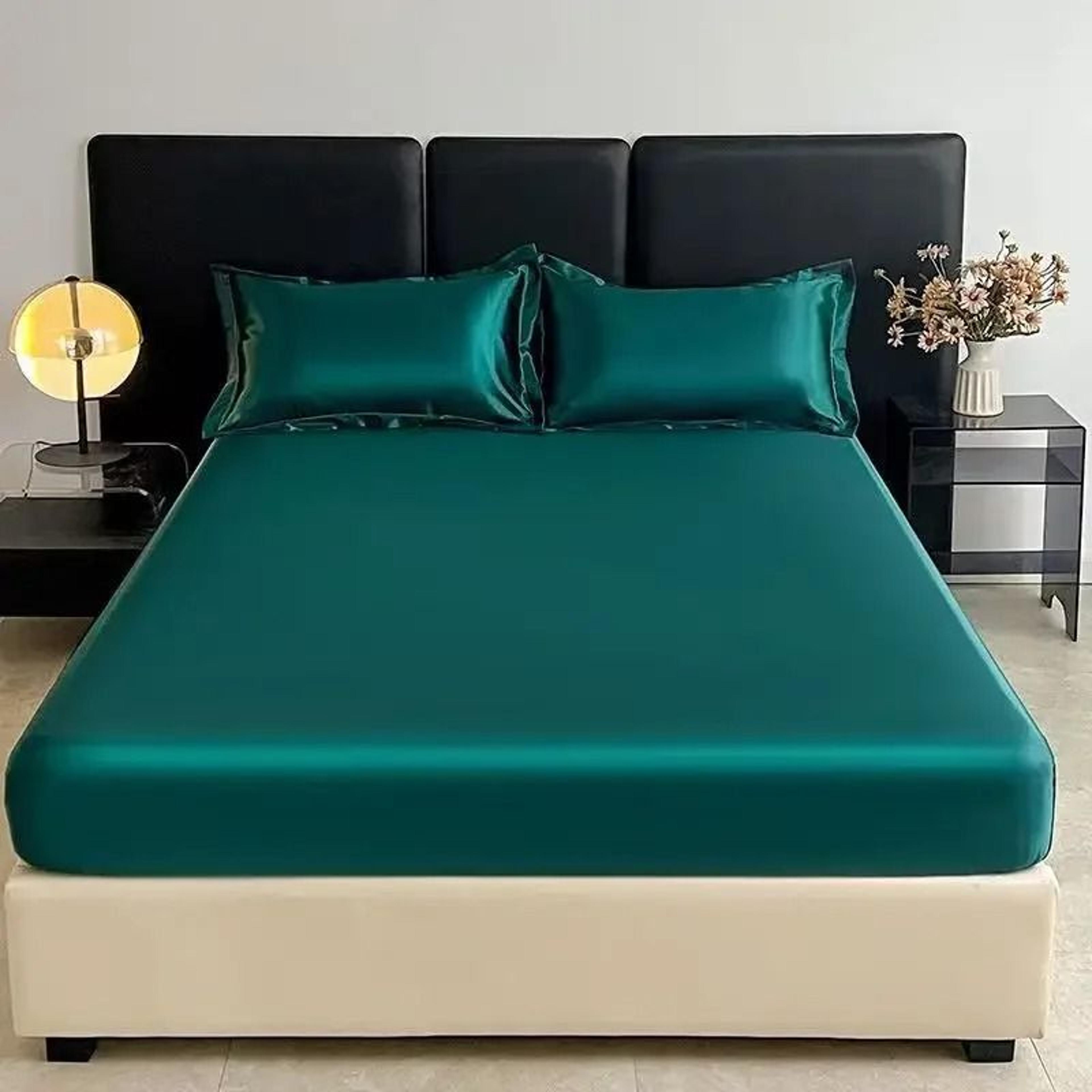 Solid Color Satin Elastic Fitted Sheet Silky Mattress Cover For Single Double Full Queen  King Beds 1