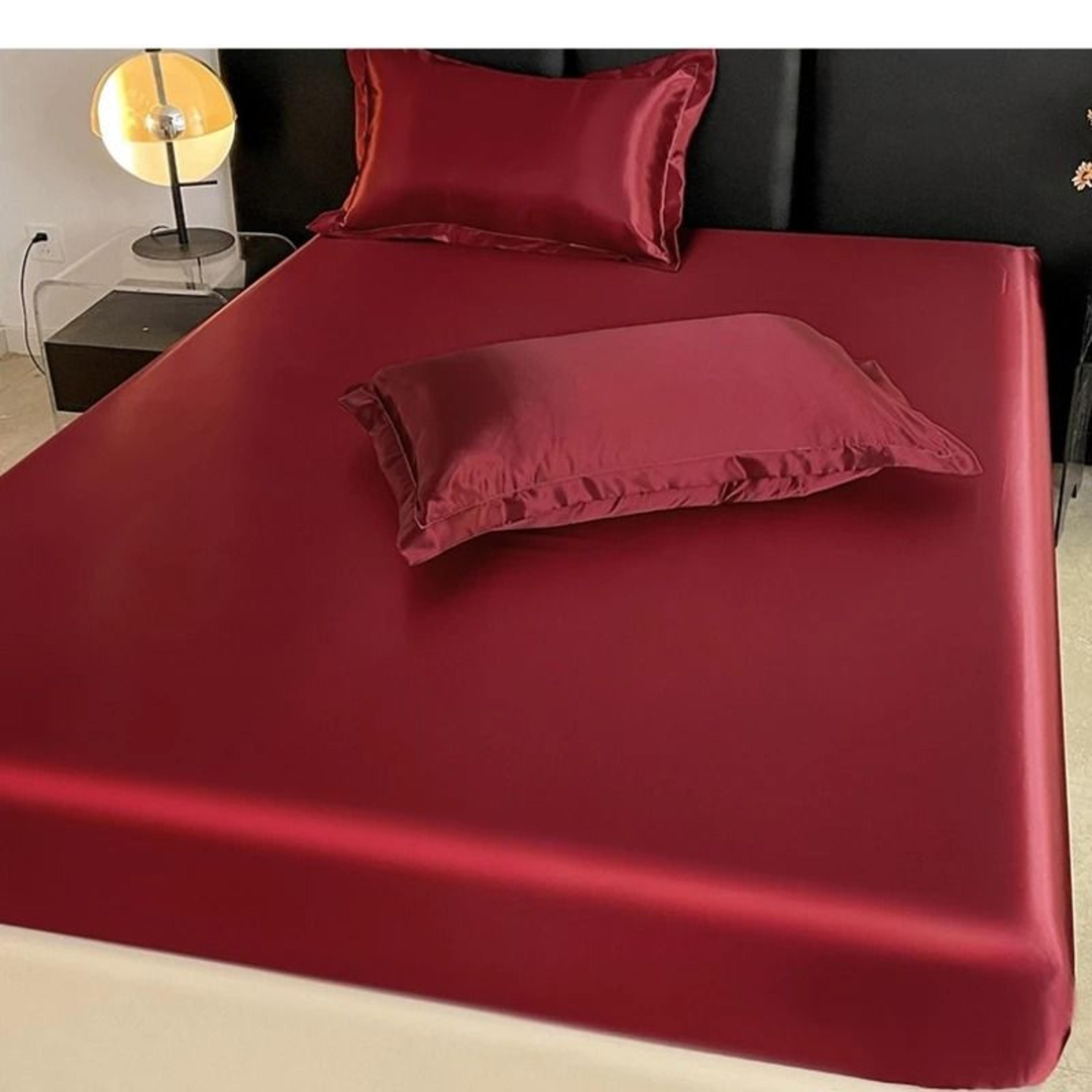 Solid Color Satin Elastic Fitted Sheet Silky Mattress Cover For Single Double Full Queen  King Beds 10