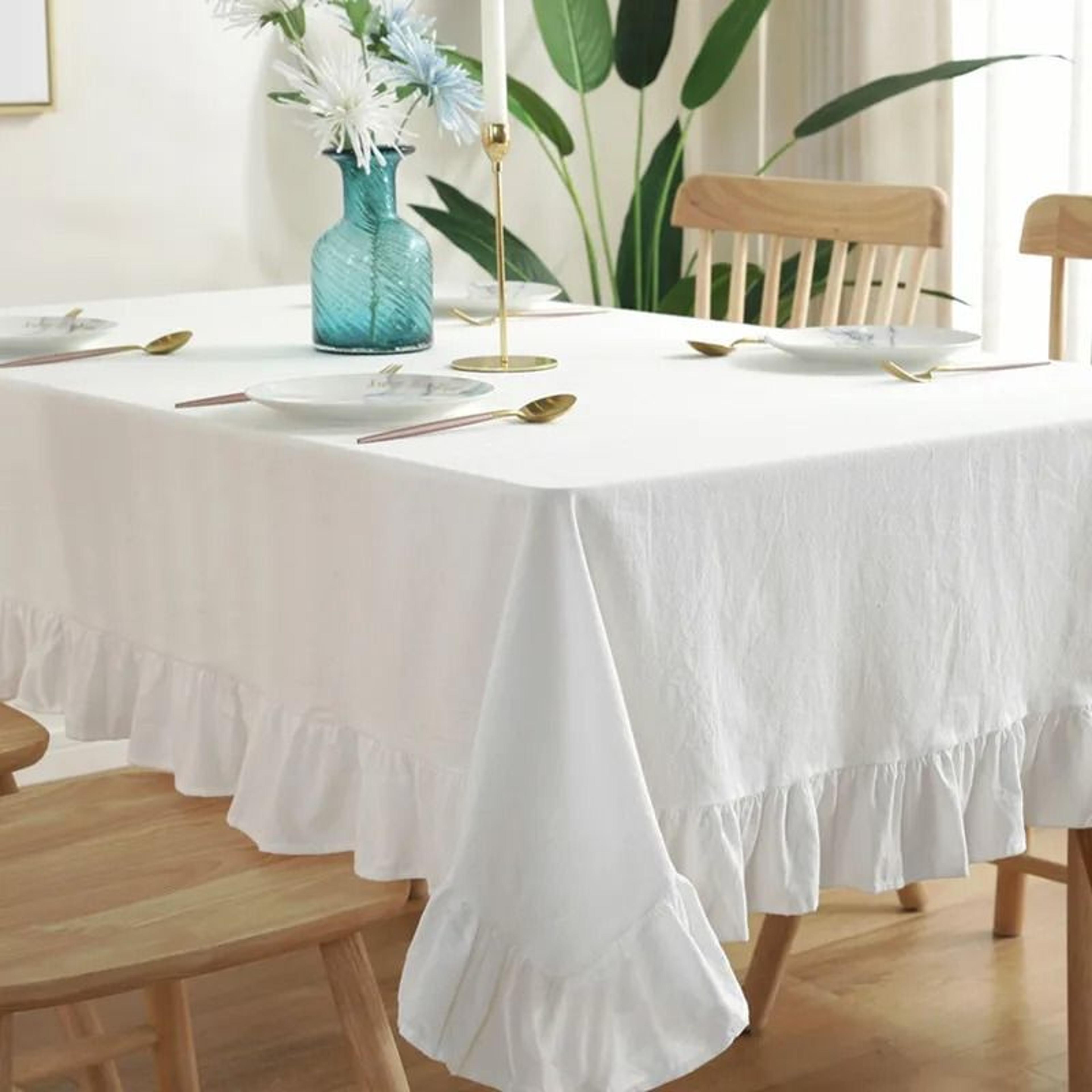 Vintage White Ruffle Trim Tablecloth Washable Boho Table Cover For Weddings Bridal  Baby Showers 0