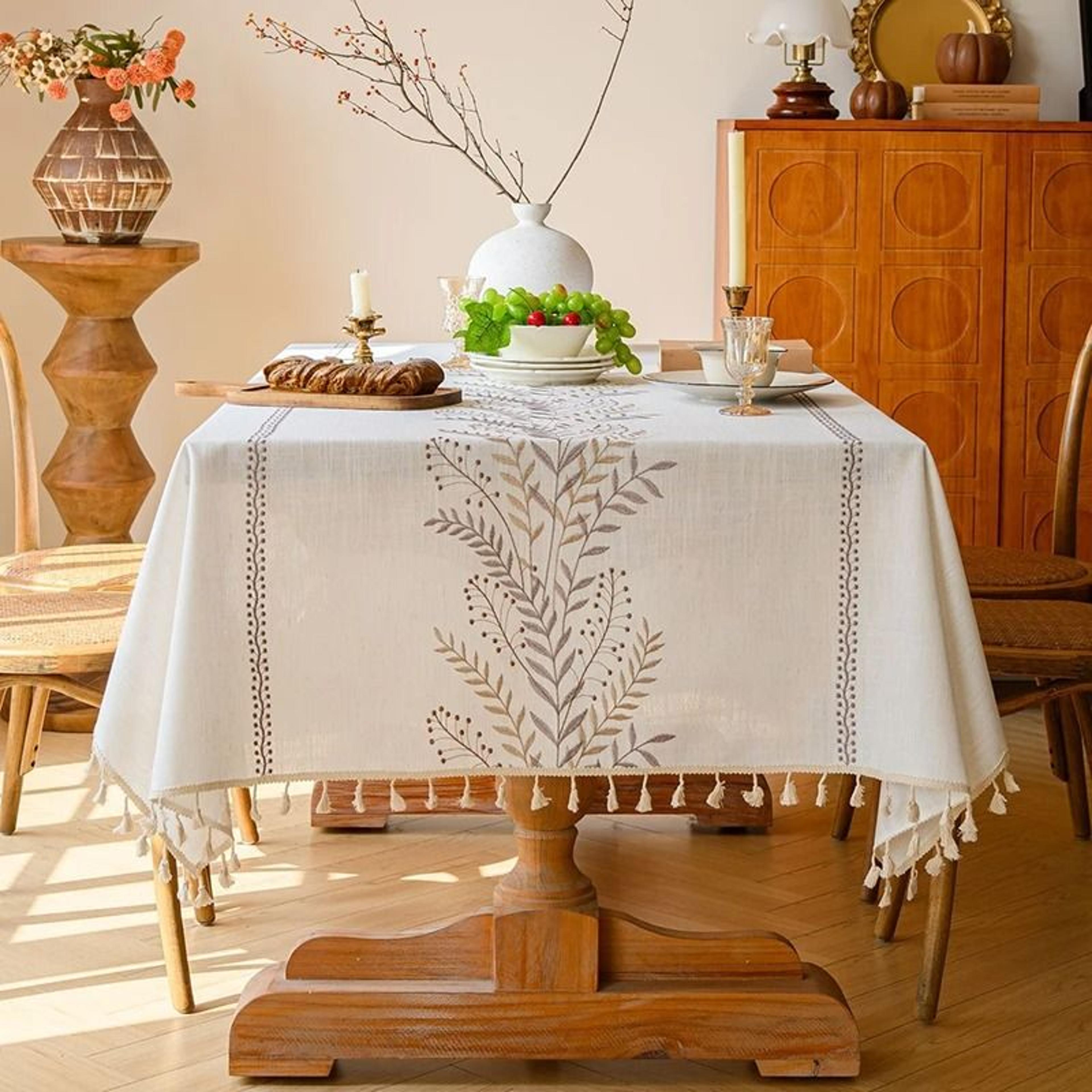 Rustic Embroidery Cotton Linen Tablecloth Waterproof Coffee Leaves Pattern Rectangle Table Cover 15