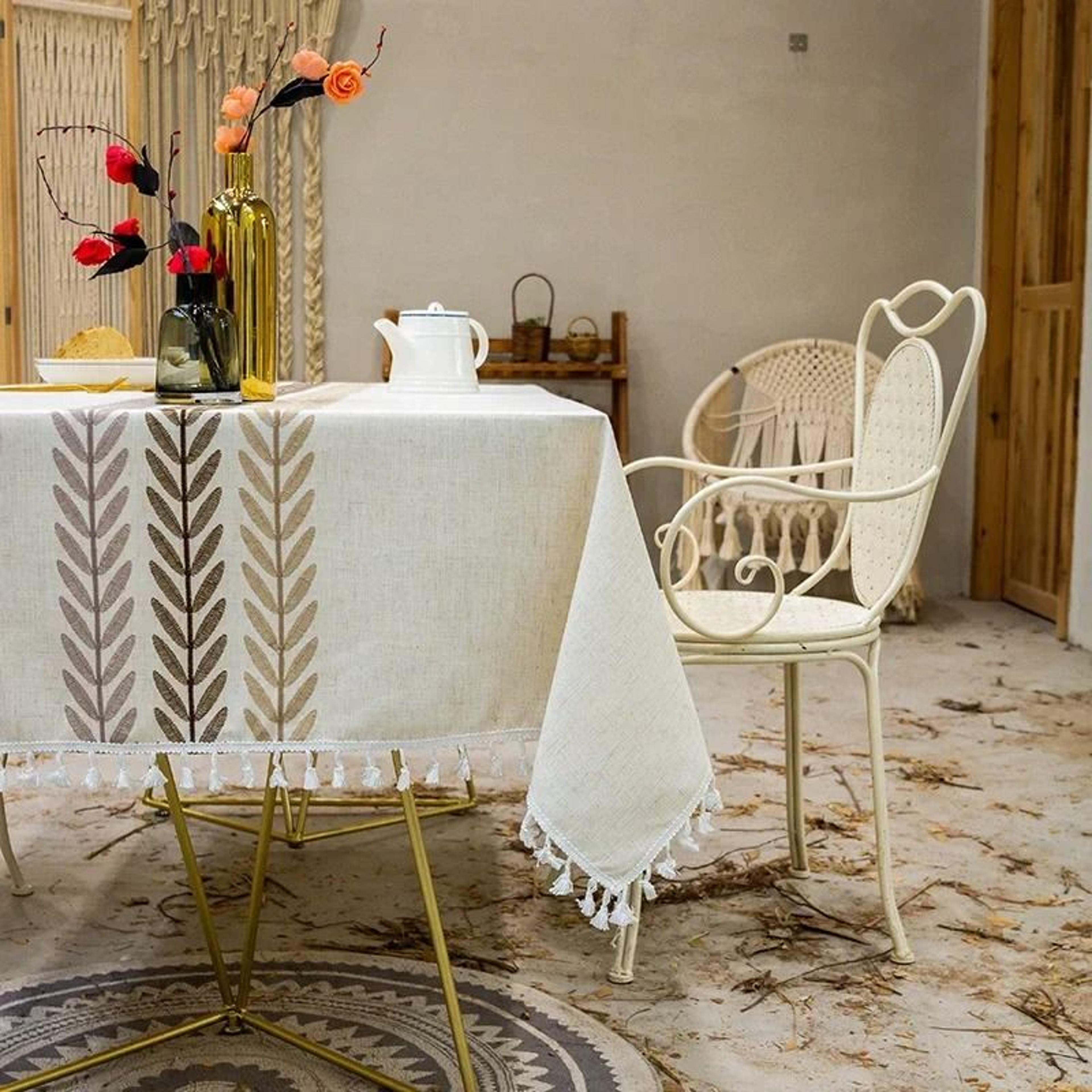 Rustic Embroidery Cotton Linen Tablecloth Waterproof Coffee Leaves Pattern Rectangle Table Cover 1