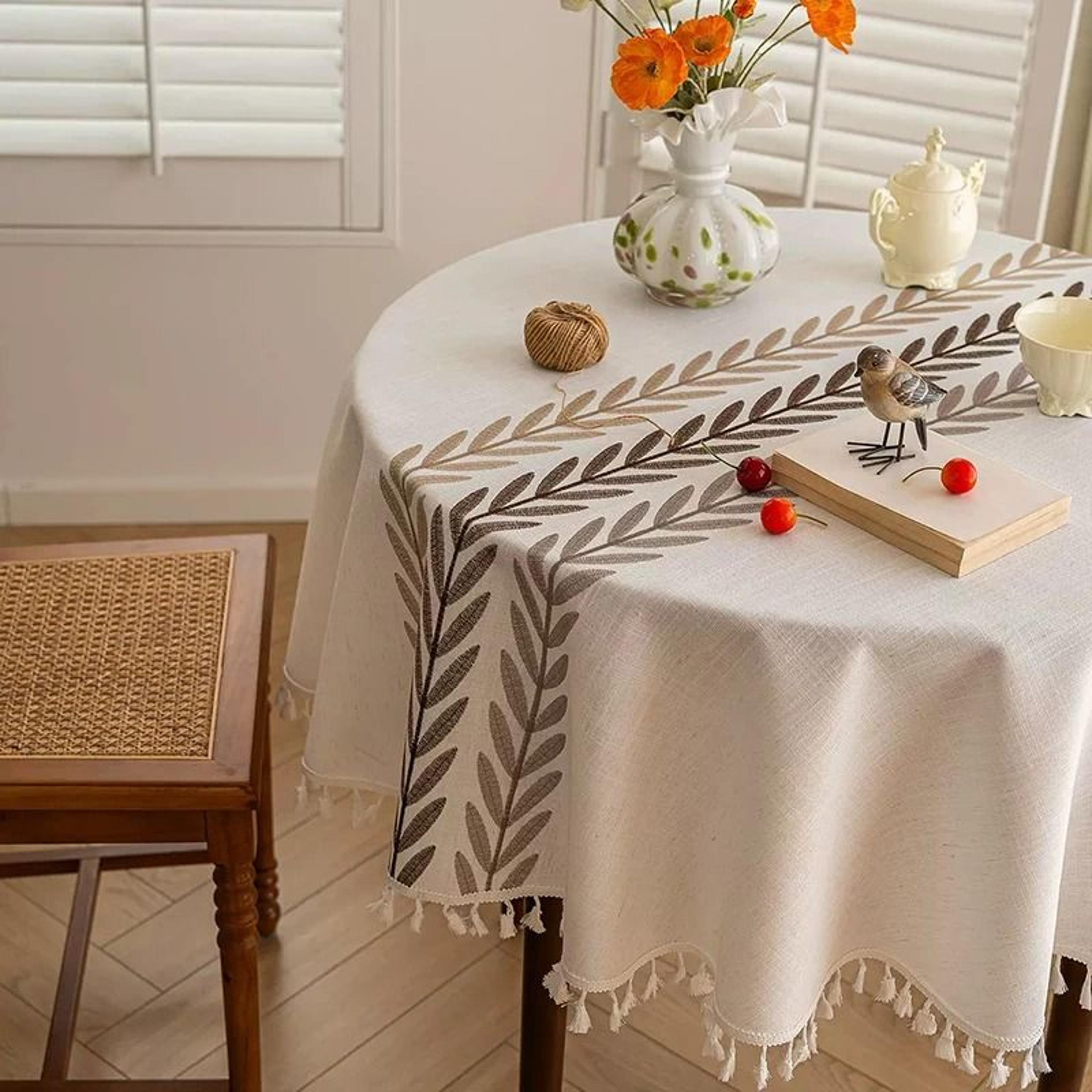 Rustic Embroidery Cotton Linen Tablecloth Waterproof Coffee Leaves Pattern Rectangle Table Cover 5