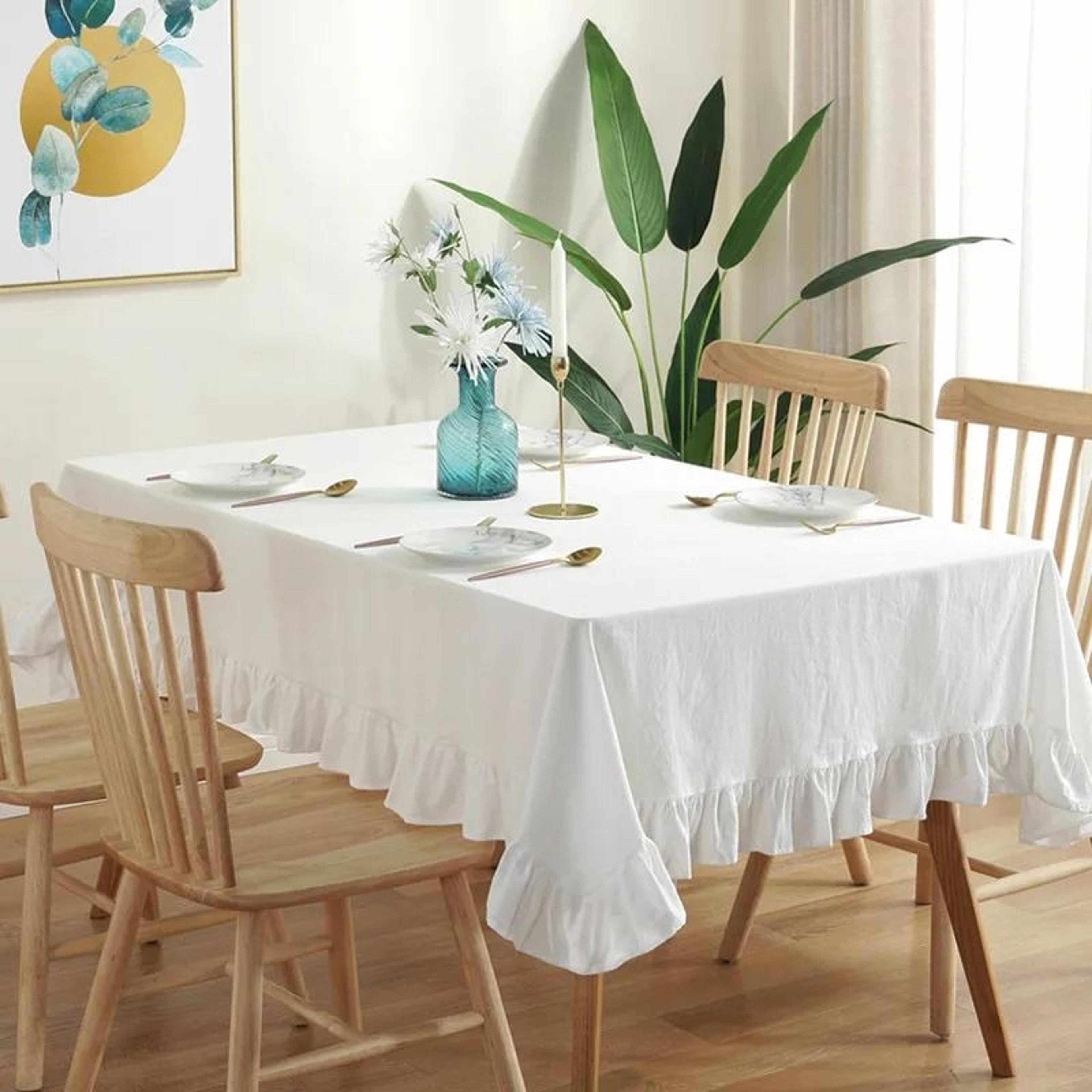 Rectangular  Round Ruffled Cotton Tablecloth Festive Table Cover For Weddings Holidays Parties  Din 9