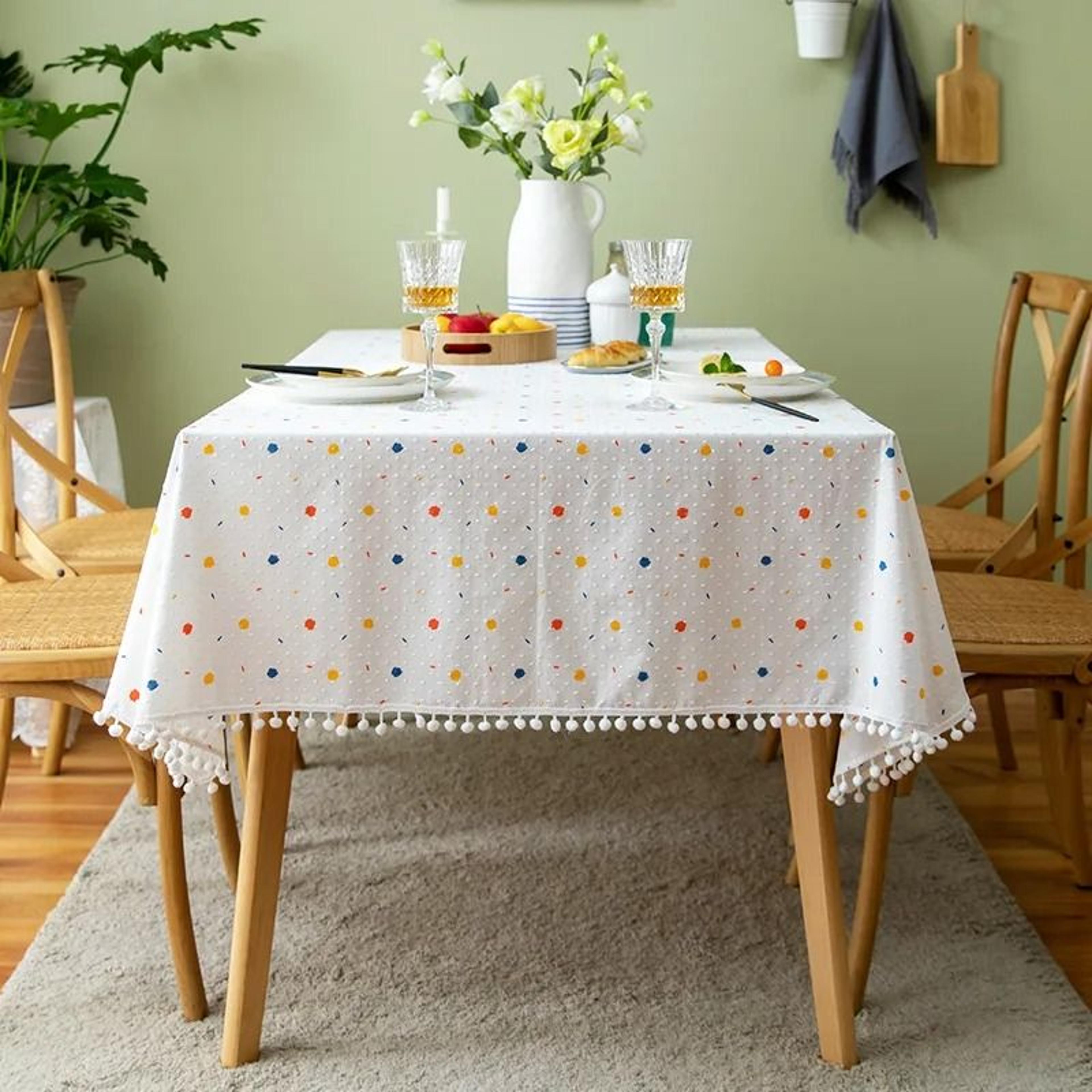 Beige Daisy Lace Tassels Cotton Tablecloth Rustic Boho Rectangle Table Cover For Tea Tables Kitchen 6