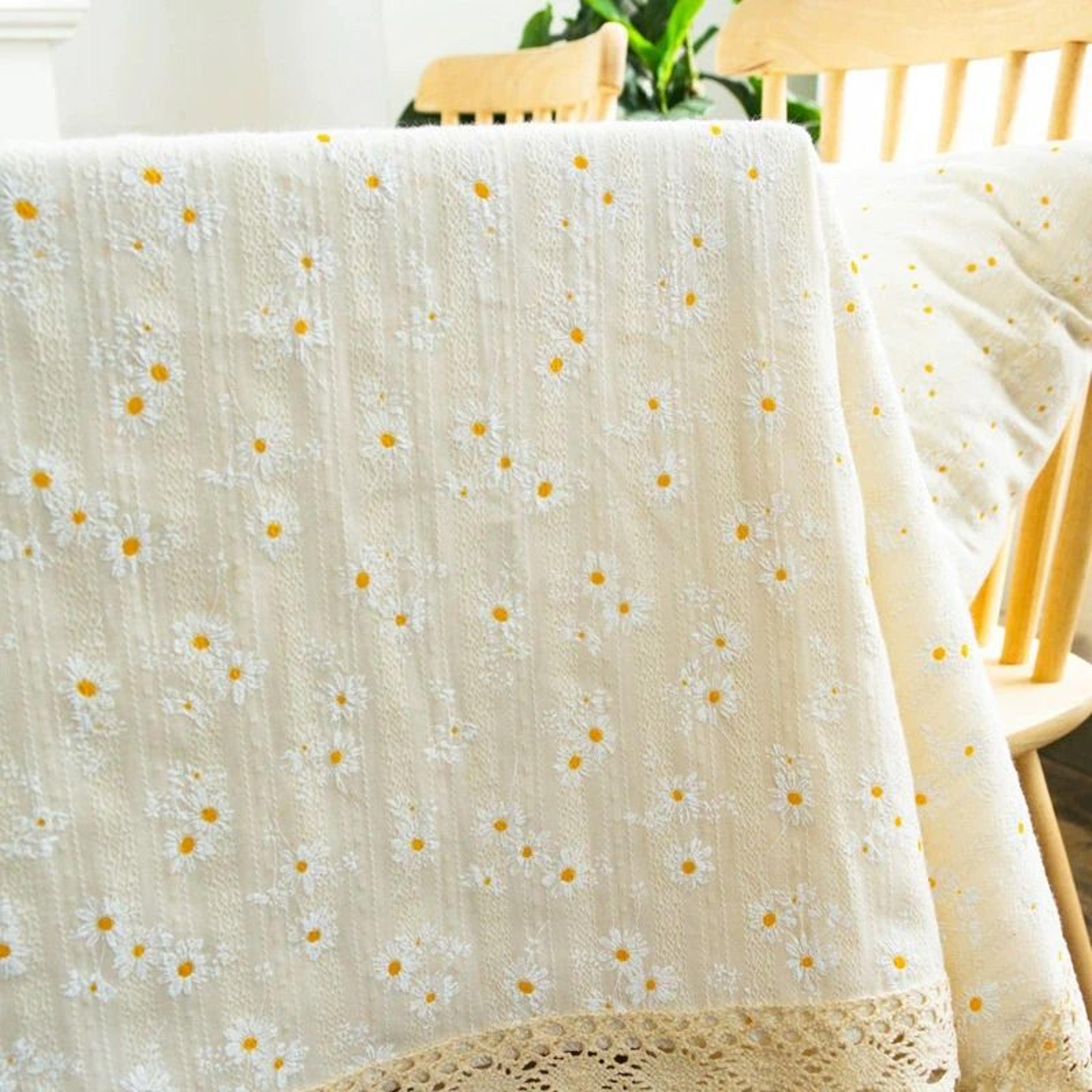Beige Daisy Lace Tassels Cotton Tablecloth Rustic Boho Rectangle Table Cover For Tea Tables Kitchen 2