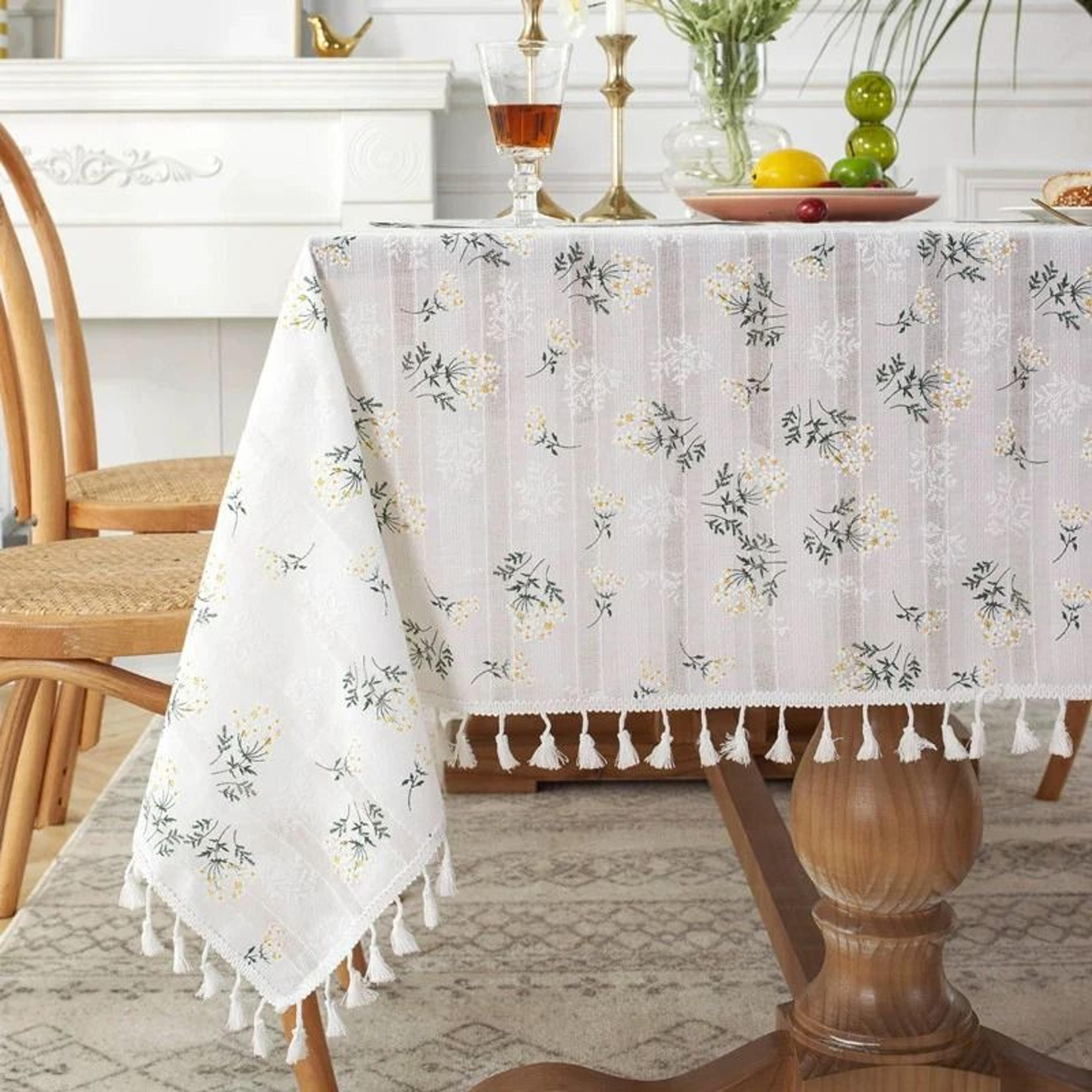 Beige Daisy Lace Tassels Cotton Tablecloth Rustic Boho Rectangle Table Cover For Tea Tables Kitchen 7