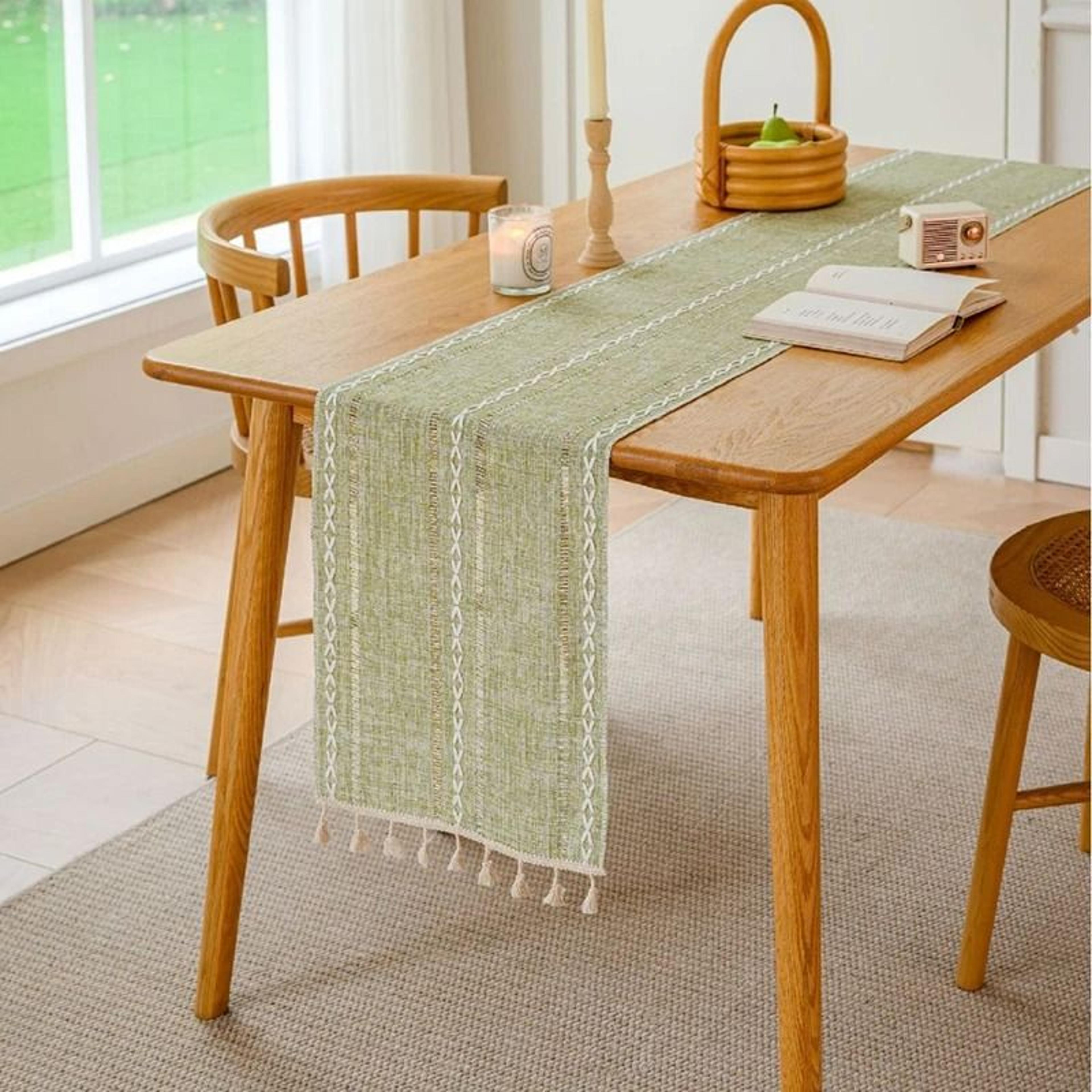 Green Boho Rustic Tassels Table Runner Farmhouse Braided Striped Cotton Linen Runner For Dining  We 6