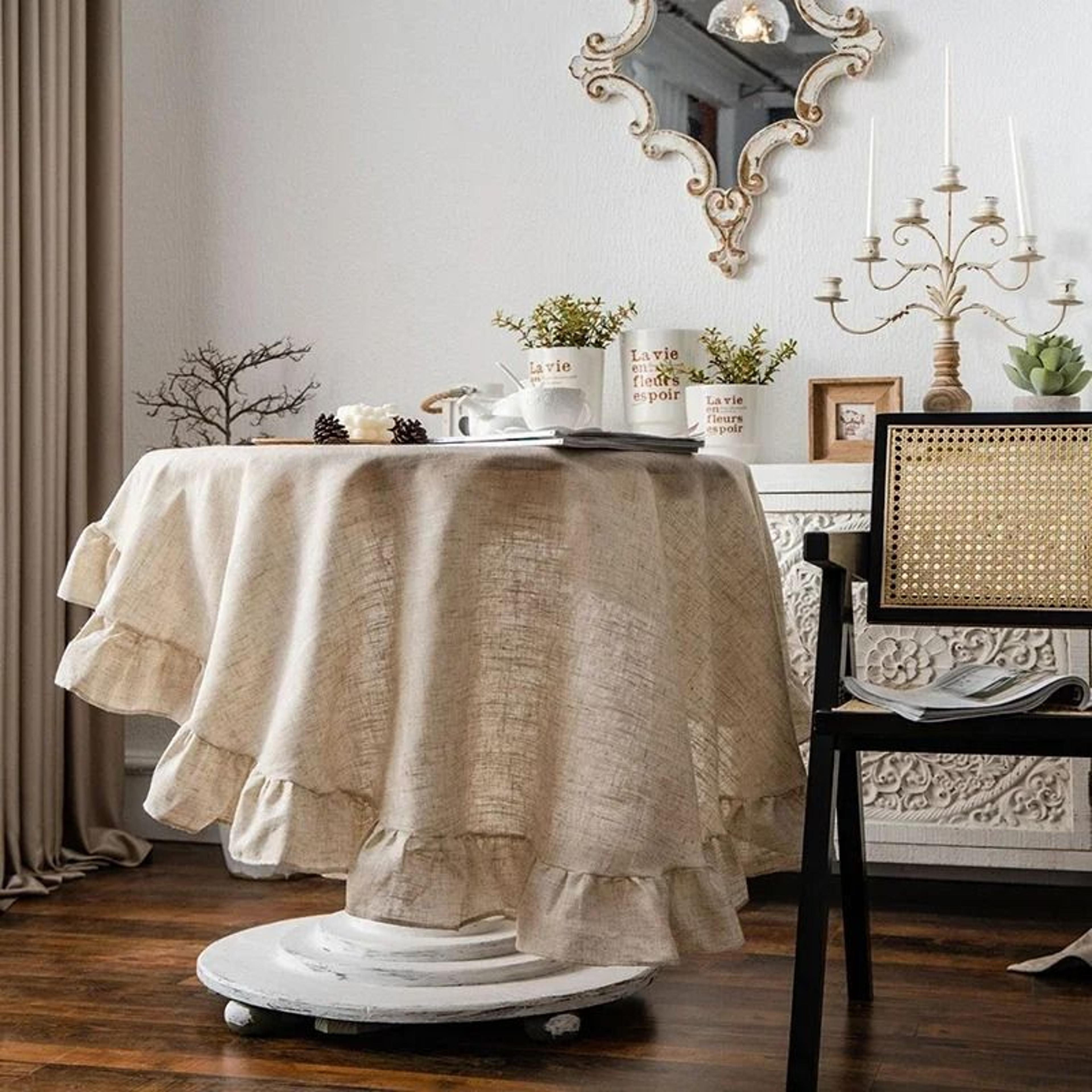 Solid Color Round Cotton Linen Tablecloth Tassel DustProof Table Cover For Kitchen Dining  Farmhous 7