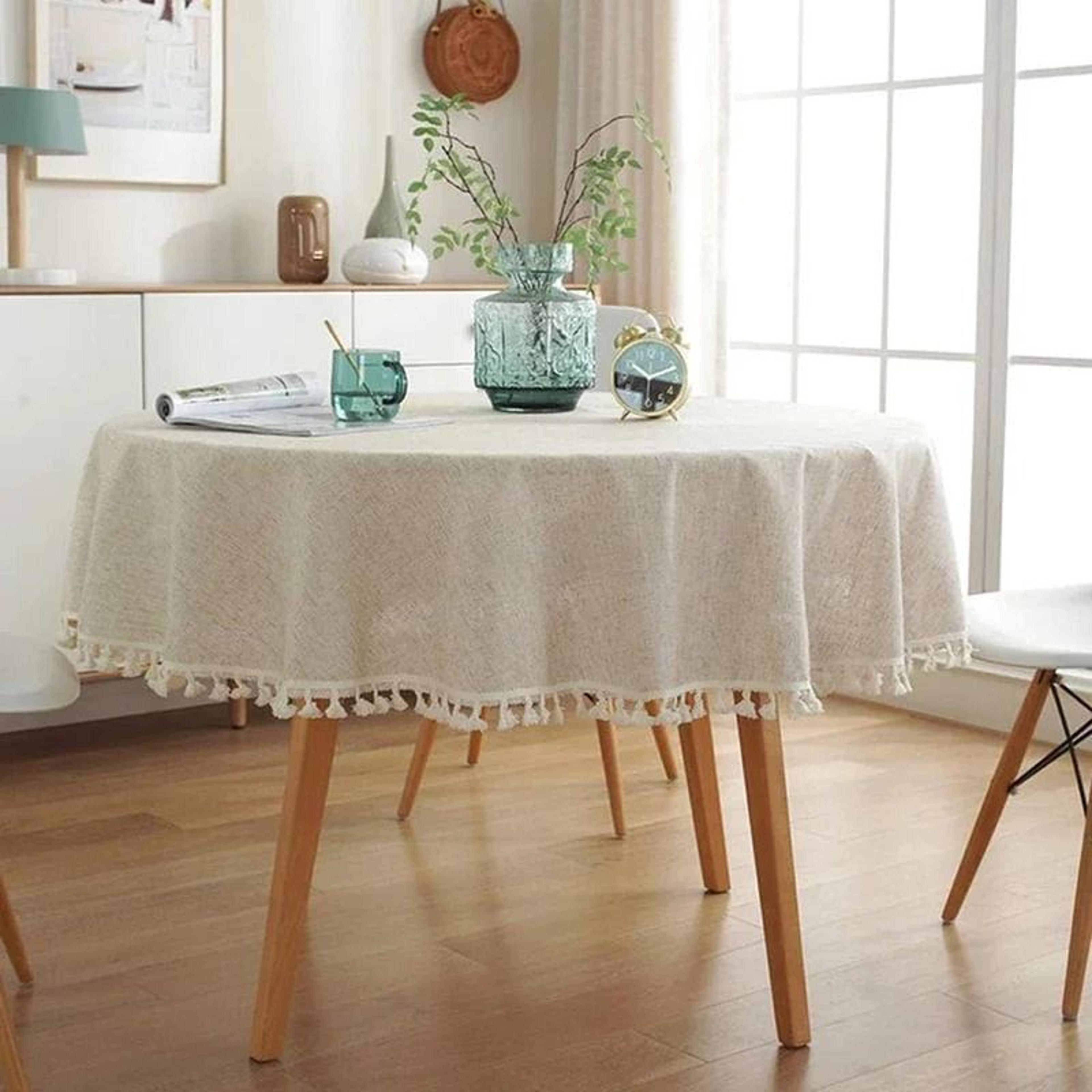 Solid Color Round Cotton Linen Tablecloth Tassel DustProof Table Cover For Kitchen Dining  Farmhous 5