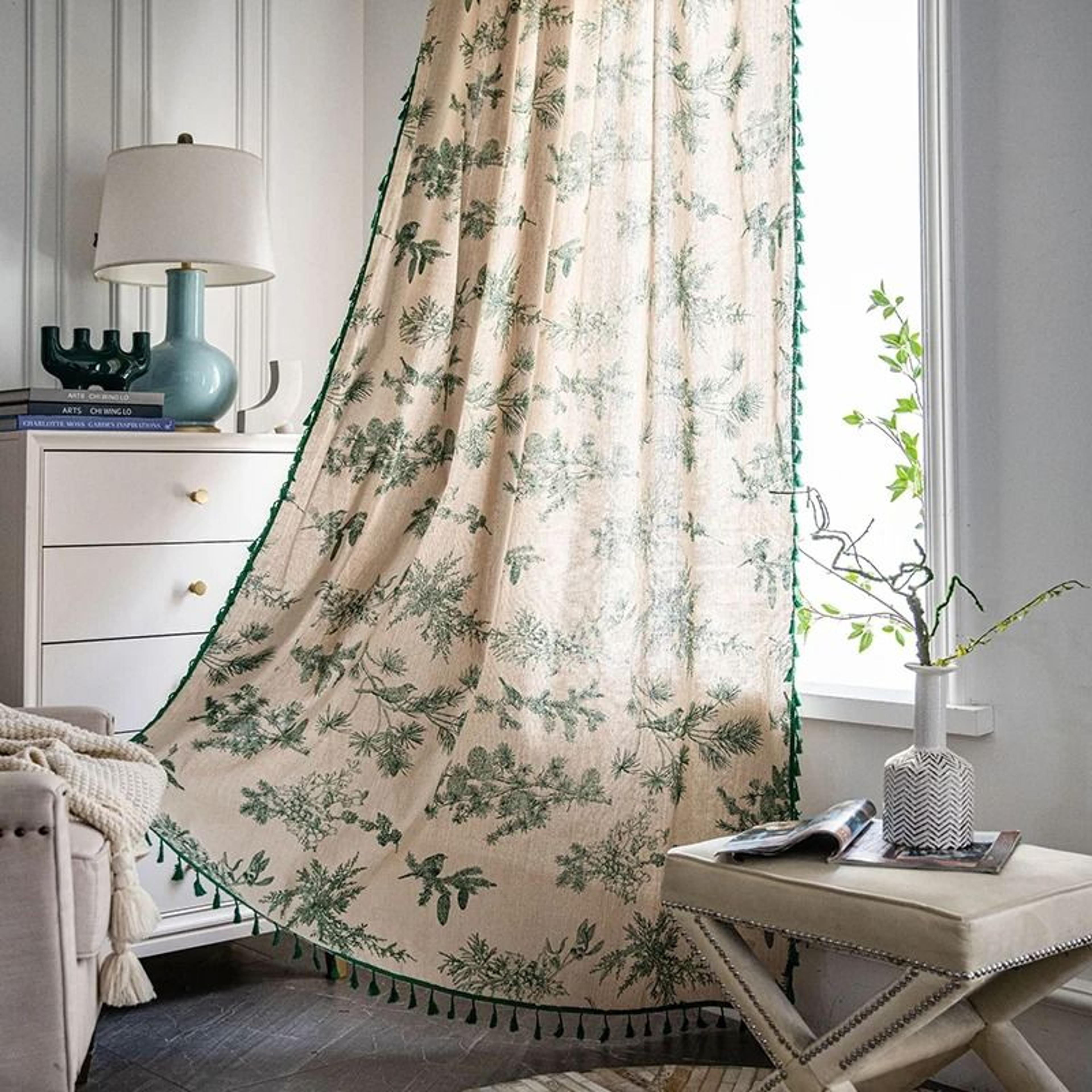 green floral farmhouse vintage curtains (84 inch length window drapes for living room & bedroom)