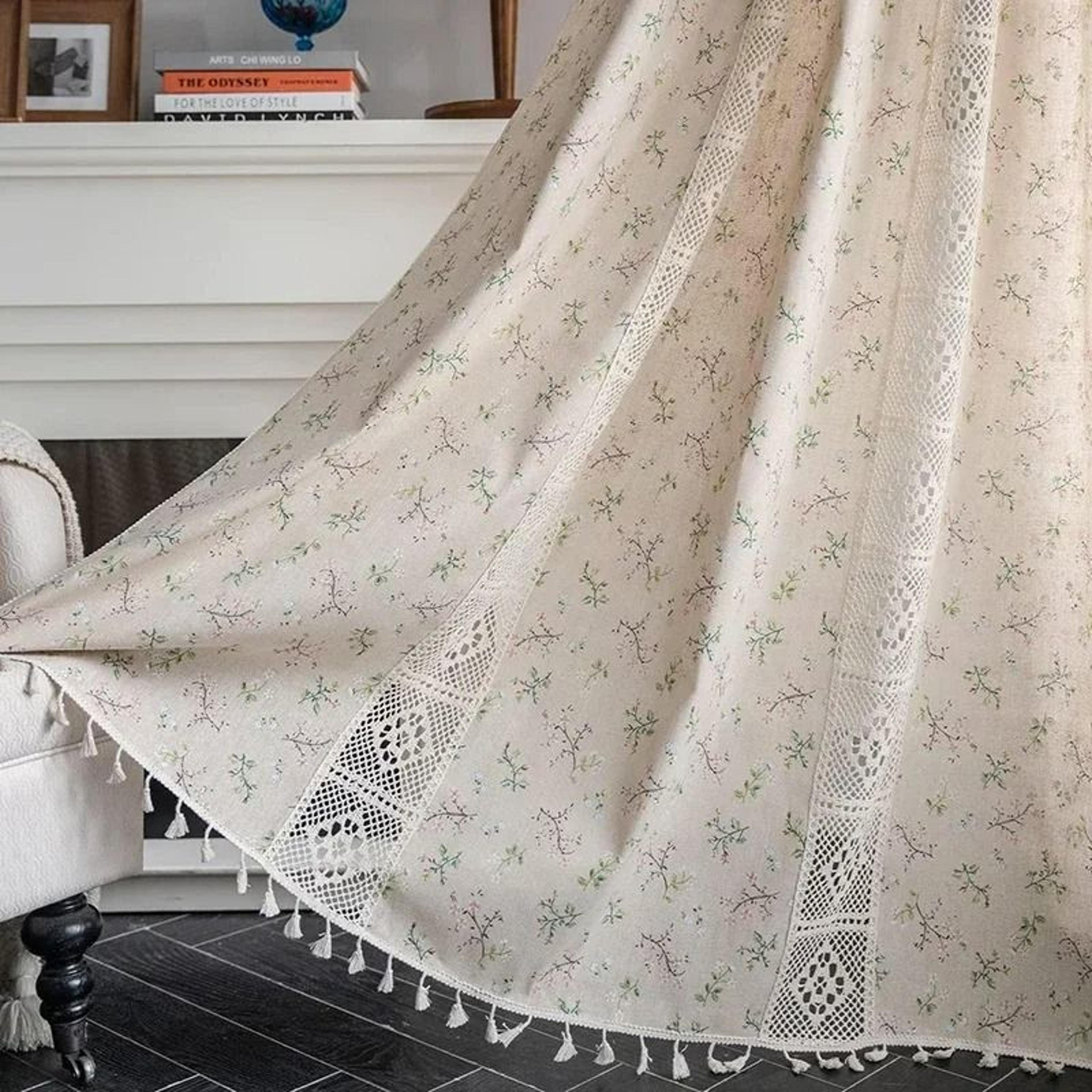 boho floral semi-blackout crochet tassel curtains (cotton linen blend window drapes for bedroom & living room)