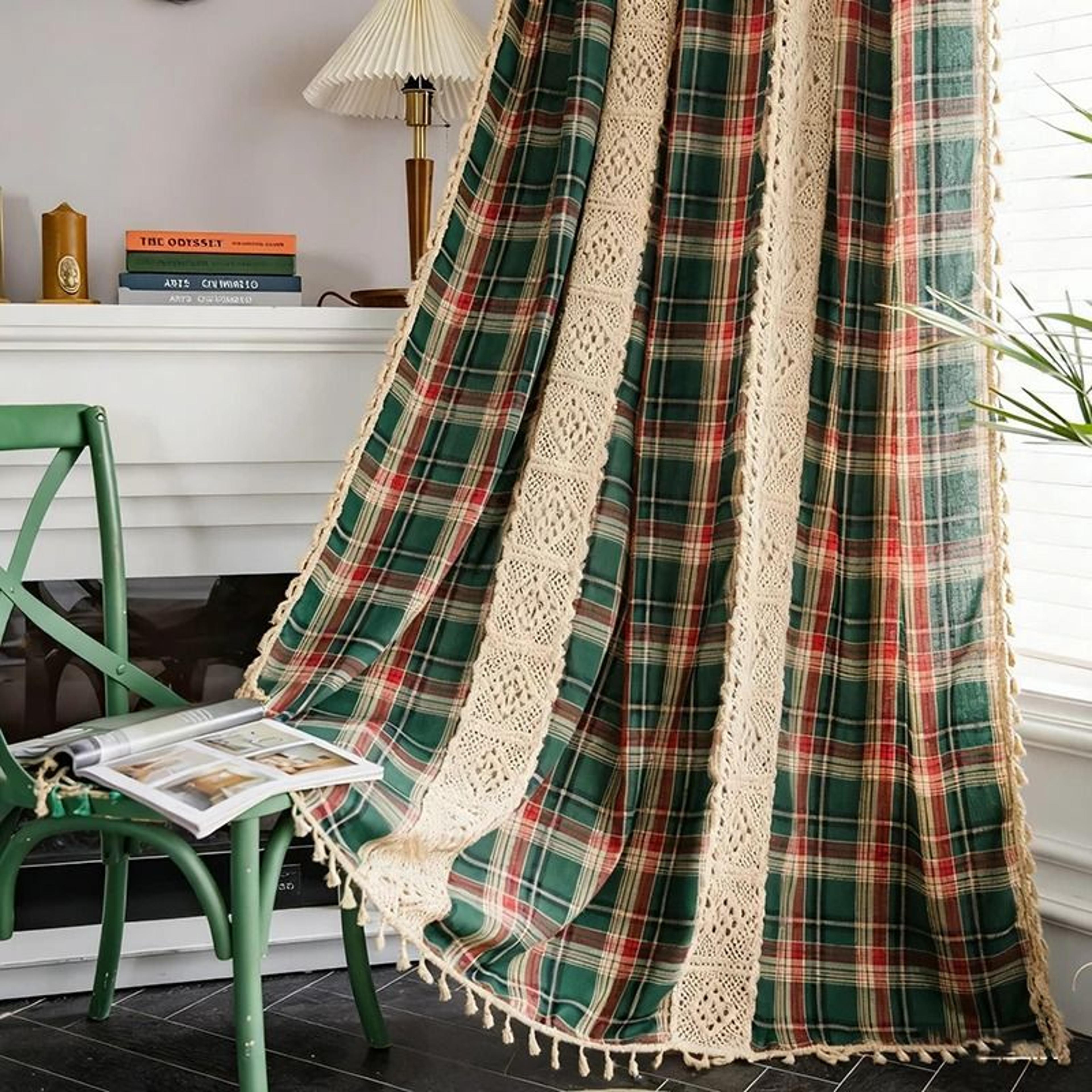 christmas buffalo plaid window curtains (rod pocket semi-sheer crochet lace drapes for farmhouse decor)