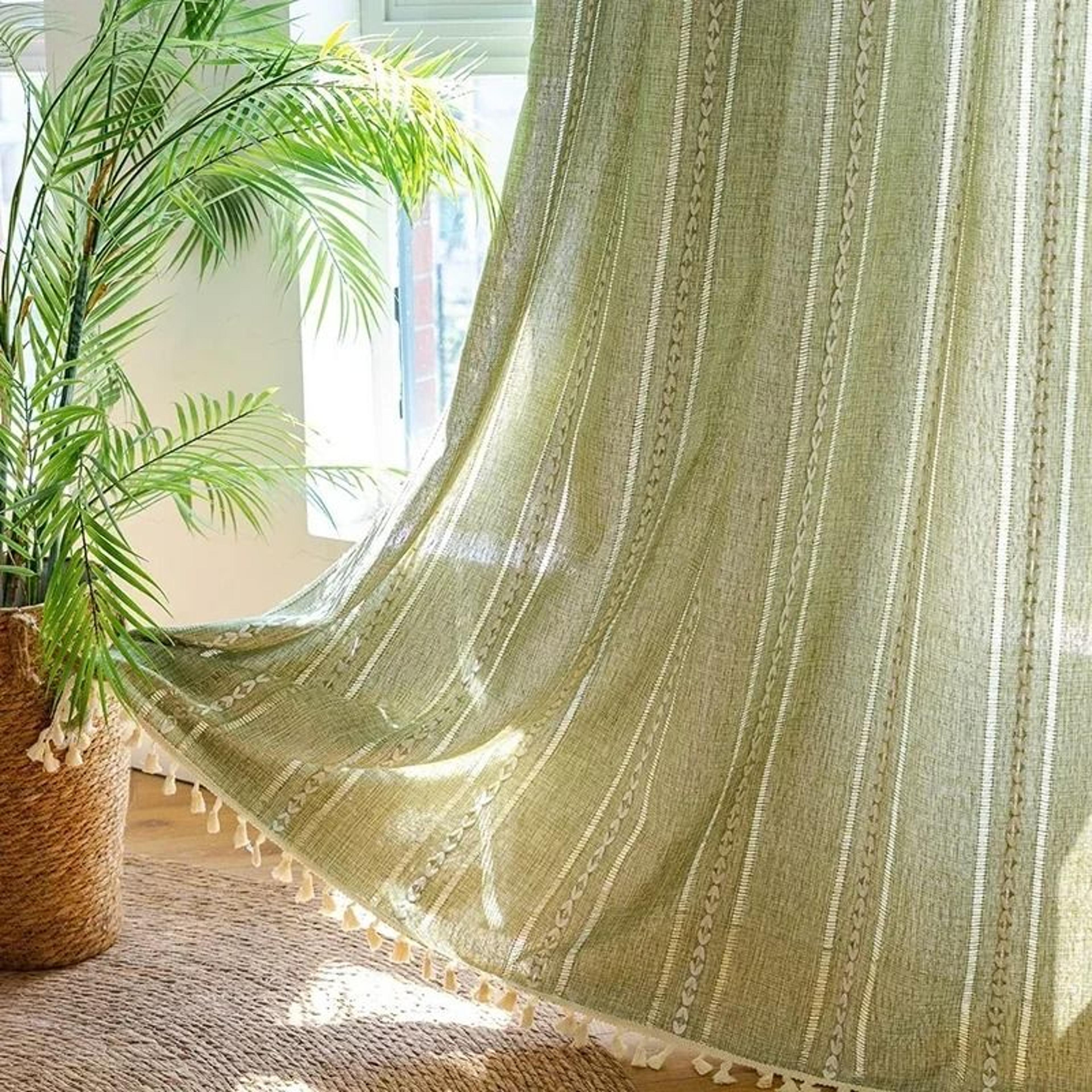 sage green boho farmhouse tassel curtain panel (cute spring window drapery for living room)