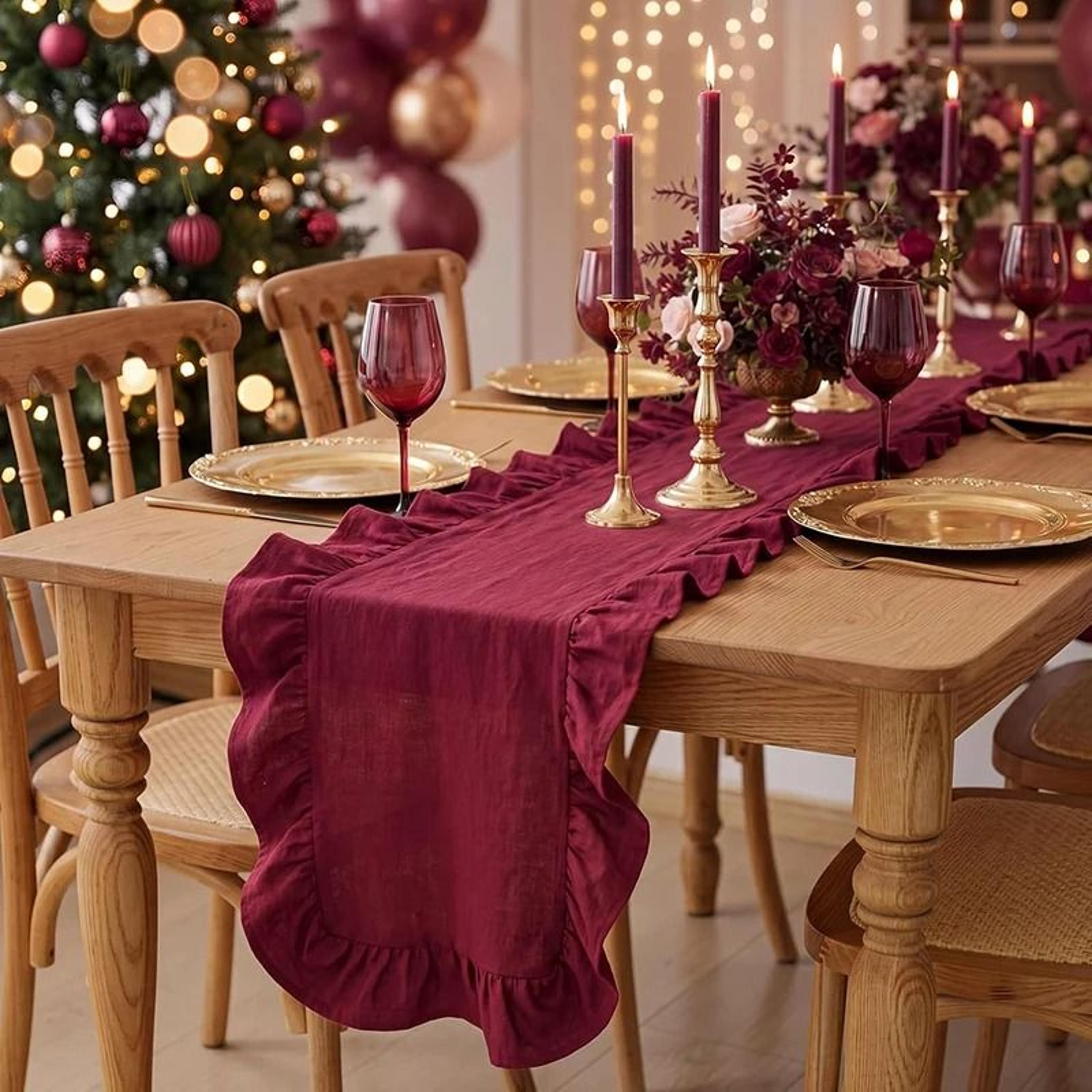 Christmas Ruffled Cotton Table Runner Rustic Farmhouse Table Decor For Weddings  Holidays 15