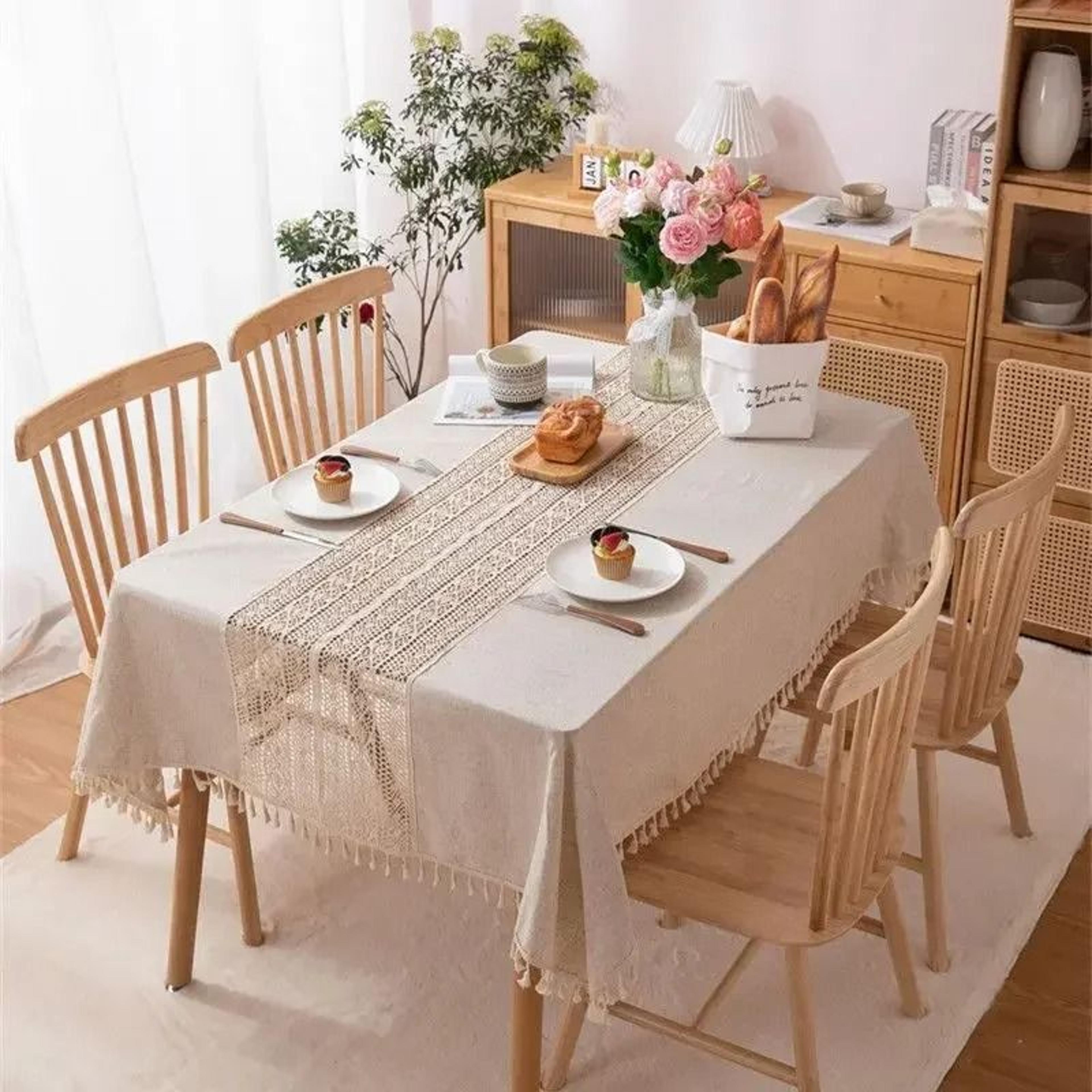 Rustic Farmhouse Hollow Splicing Tassel Tablecloth Washable Rectangle Table Cover For Kitchen  Holi 1