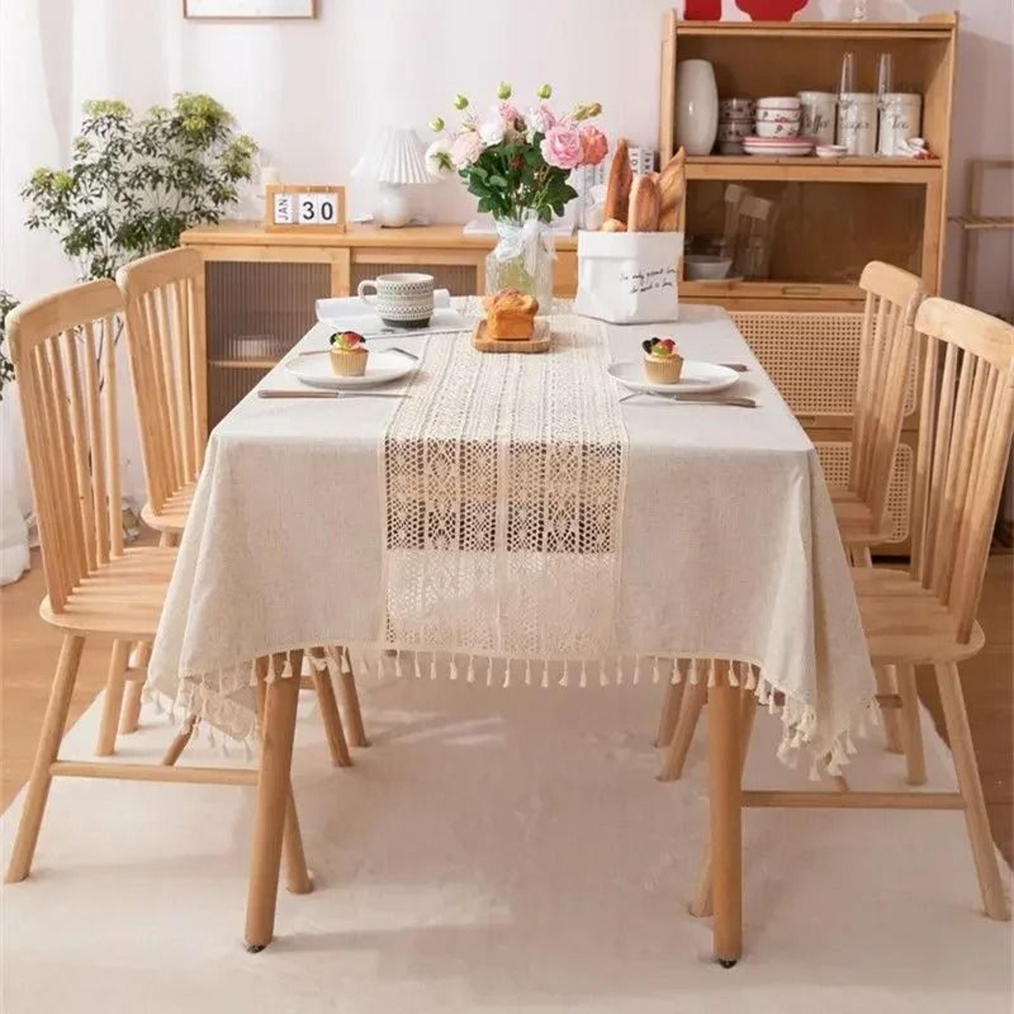 Rustic Farmhouse Hollow Splicing Tassel Tablecloth Washable Rectangle Table Cover For Kitchen  Holi 2