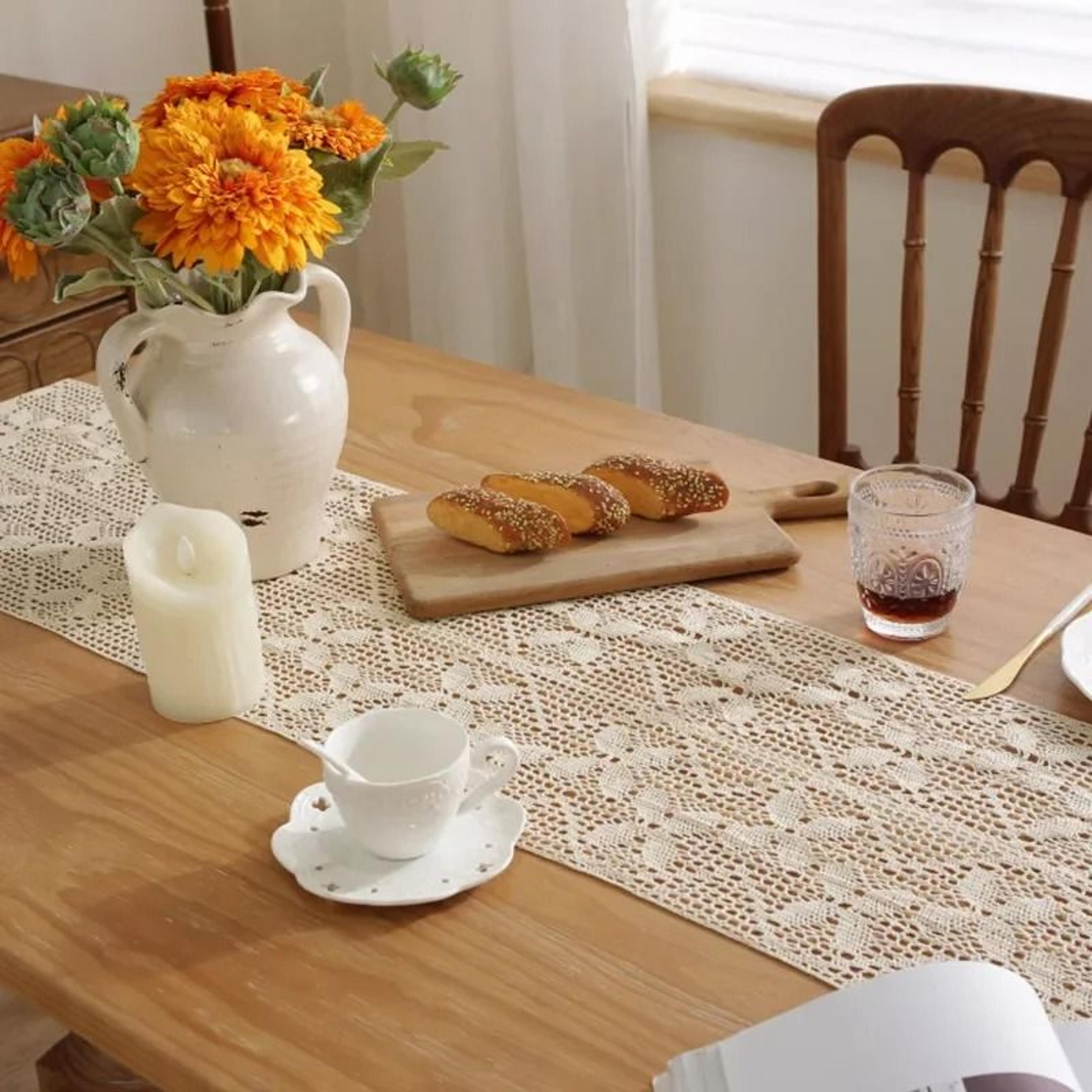 Boho Beige Crochet Macrame Table Runner With Tassels Vintage Farmhouse Decor For Wedding  Baby Show 5