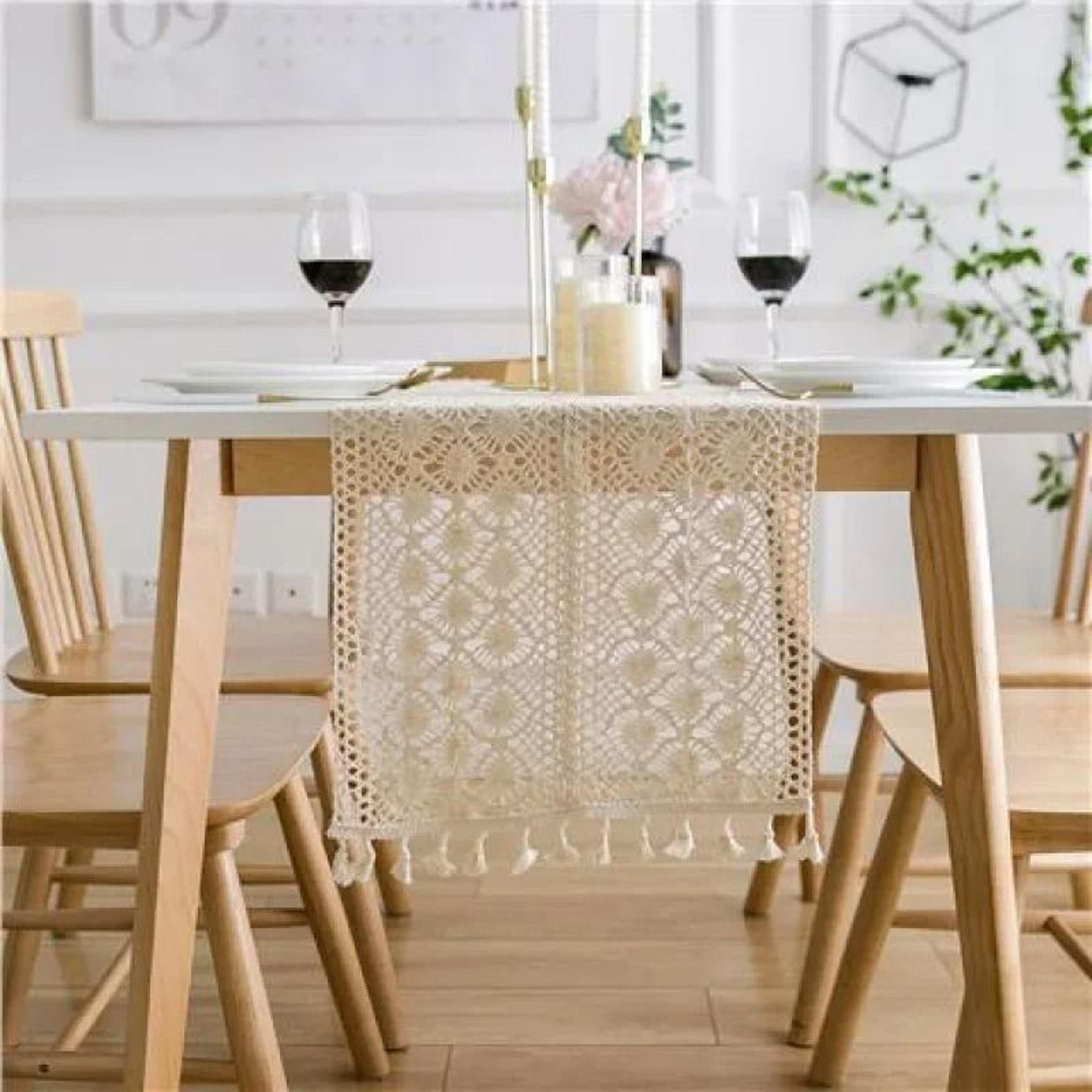 Boho Beige Crochet Macrame Table Runner With Tassels Vintage Farmhouse Decor For Wedding  Baby Show 7