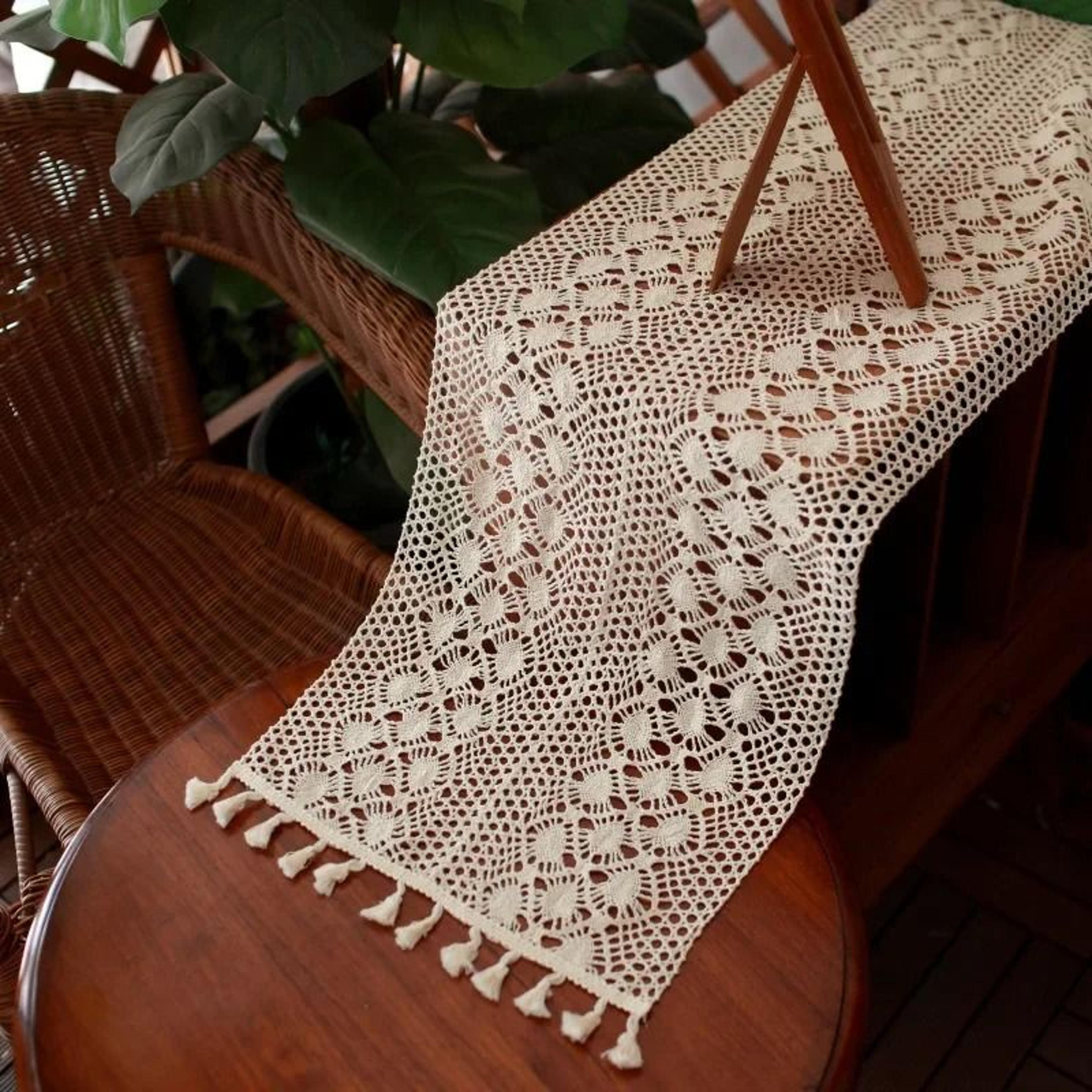 Boho Beige Crochet Macrame Table Runner With Tassels Vintage Farmhouse Decor For Wedding  Baby Show 1