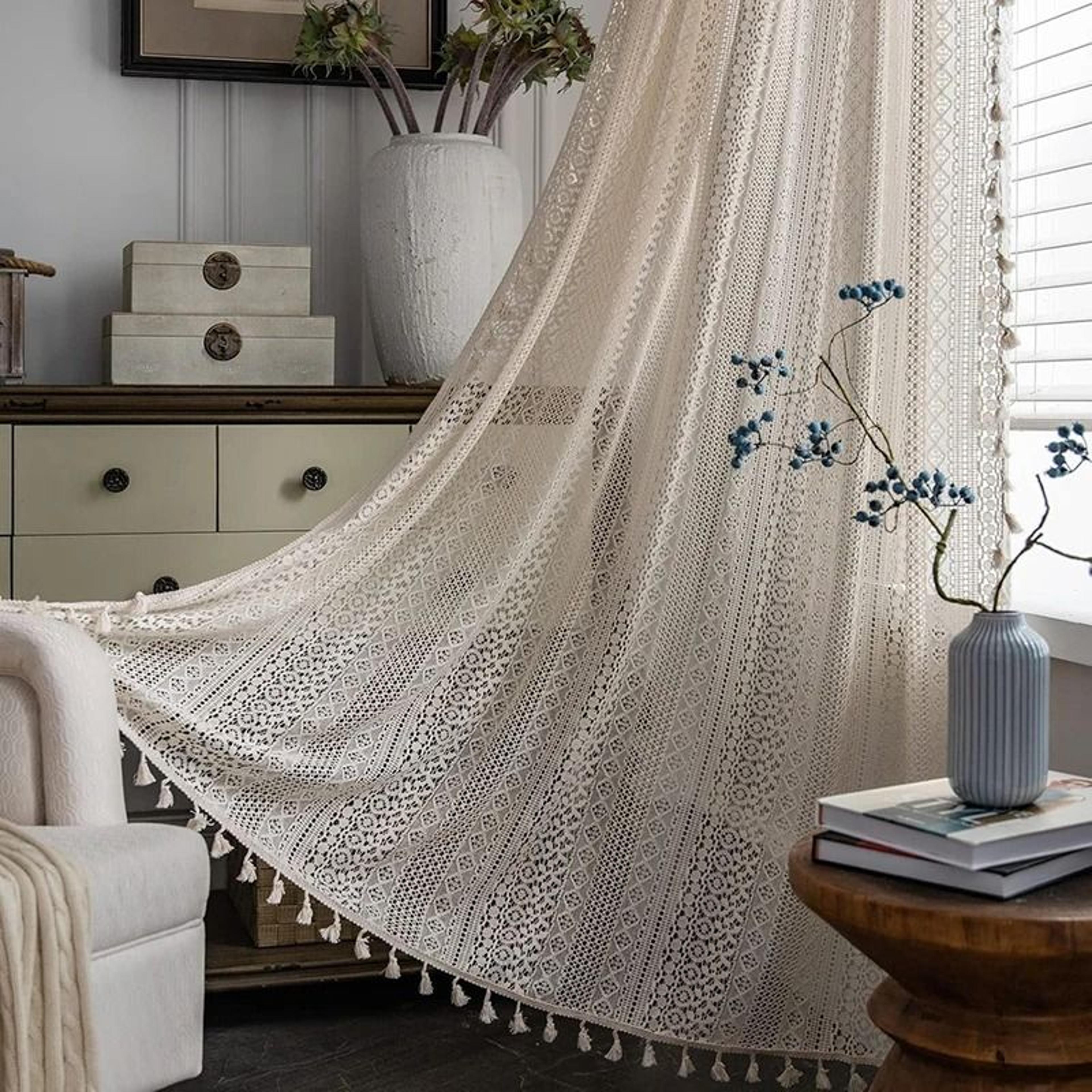 Boho Crochet Lace SemiSheer Window Curtain Panel Hollow Knitted Drapery With Tassels For Living Roo 10