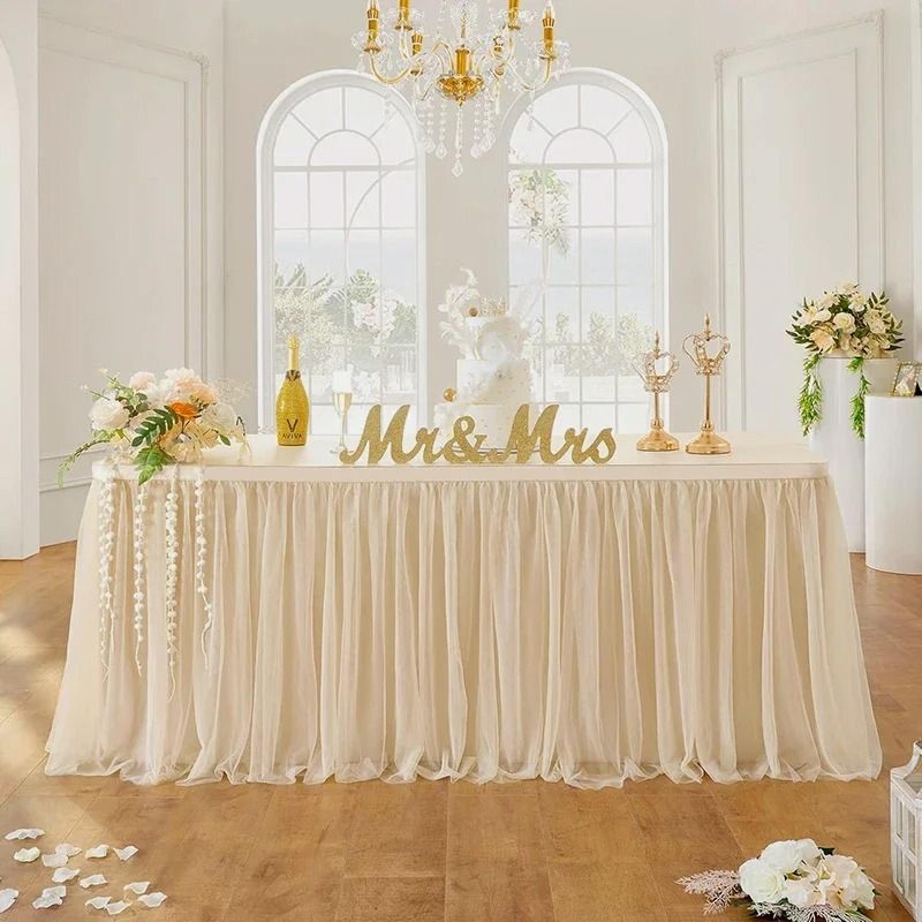 White Tulle Ruffle Table Skirt SemiSheer Cover For Wedding Bridal Shower  Birthday Decor 7