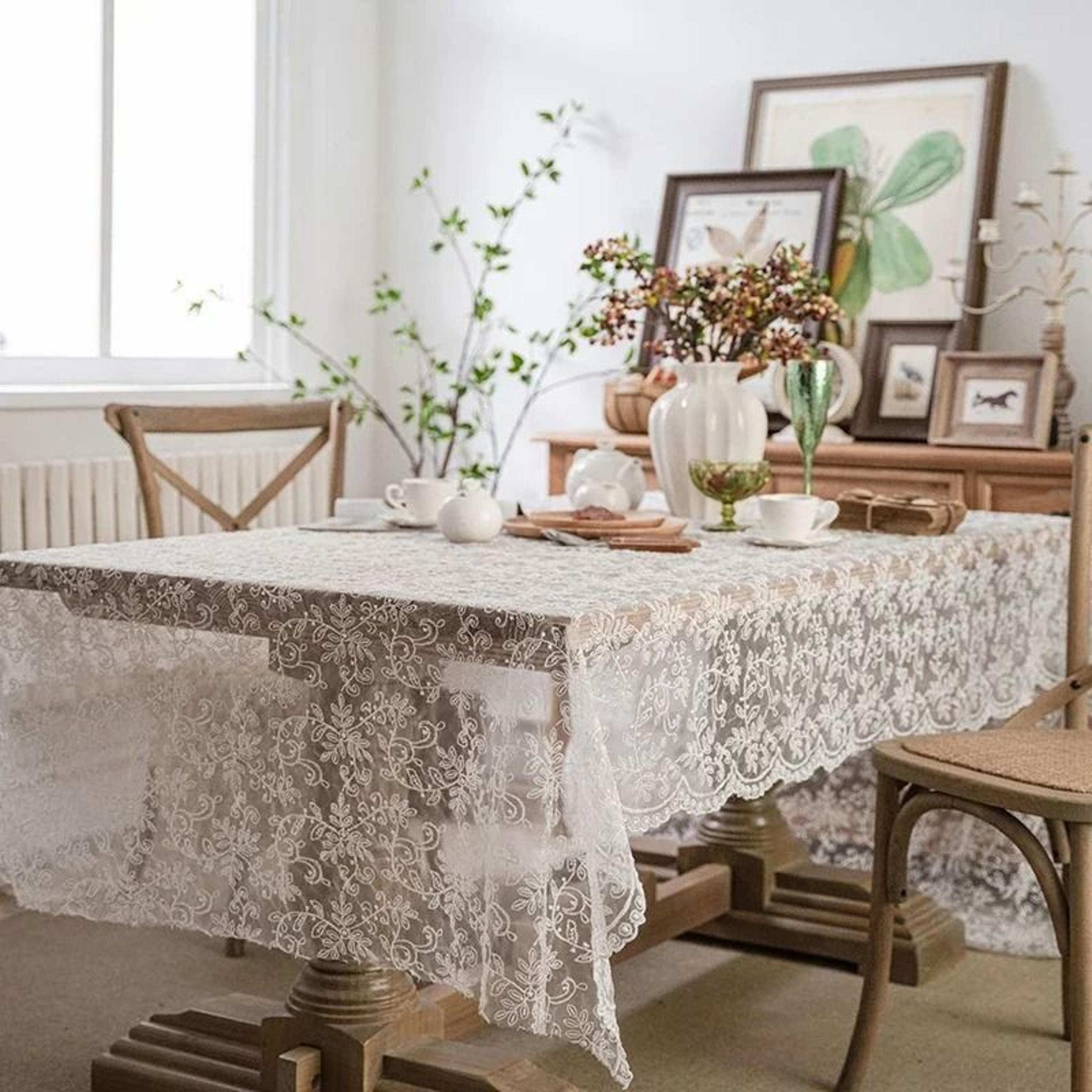 White Vintage Leaf Embroidery Lace Tablecloth With Eyelash Hem Farmhouse Cover For Wedding  Baby Sh 2