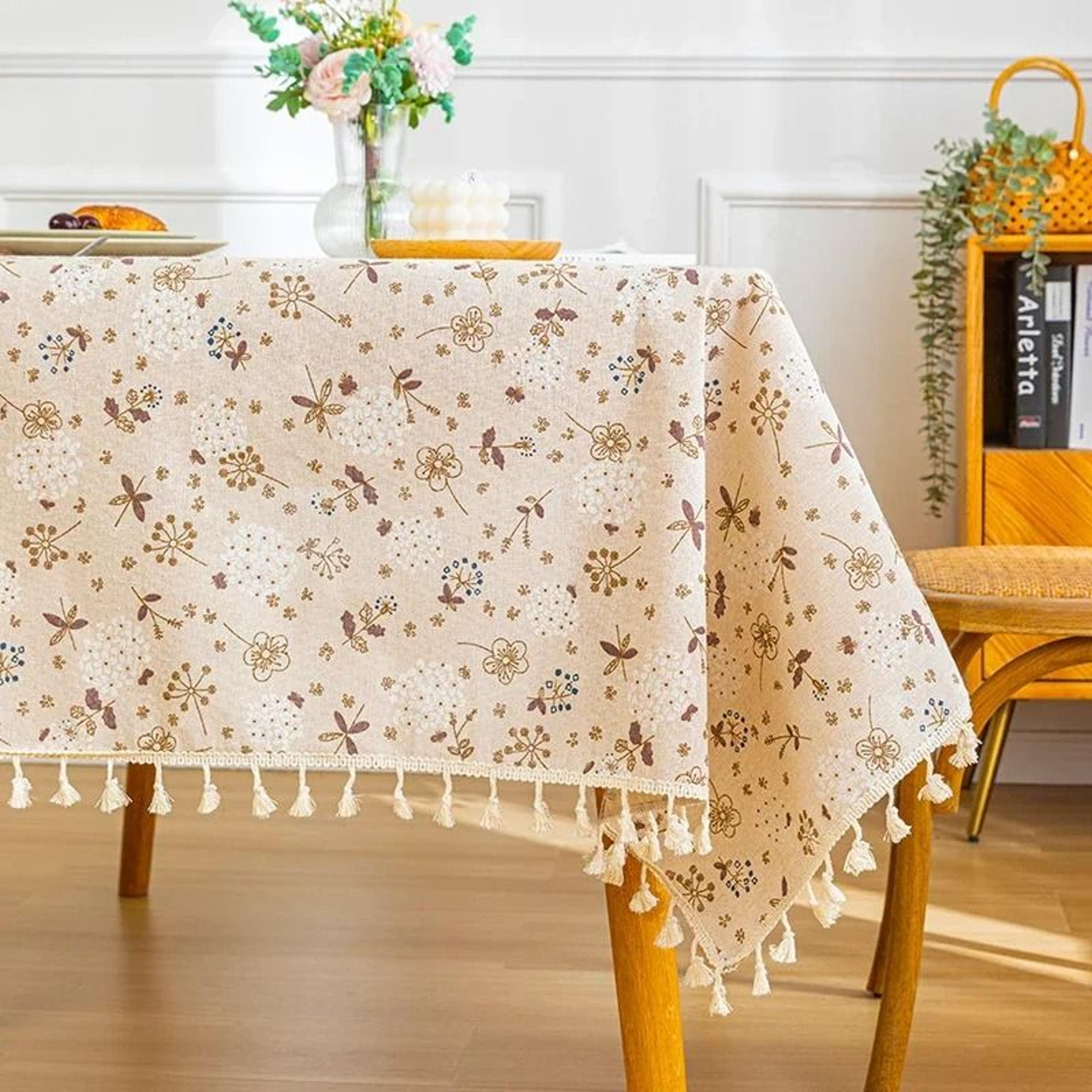 Blue Bohemian Floral Tassel Tablecloth DustProof Rectangle Fabric Cover For Kitchen  Holiday Party 18