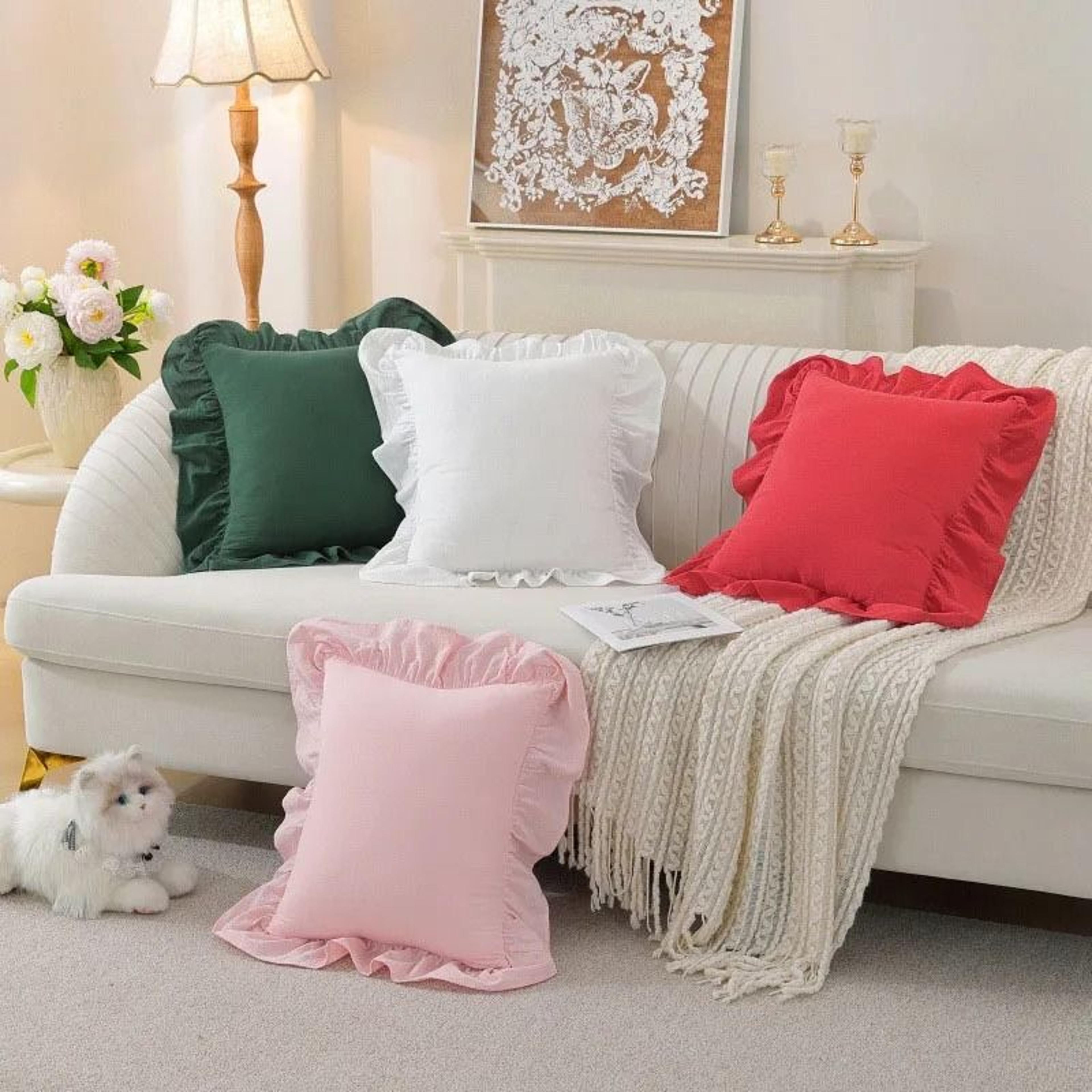 soft washed cotton ruffle pillow cases with envelope closure (cushion cover for sofa, living room & bedroom decor)
