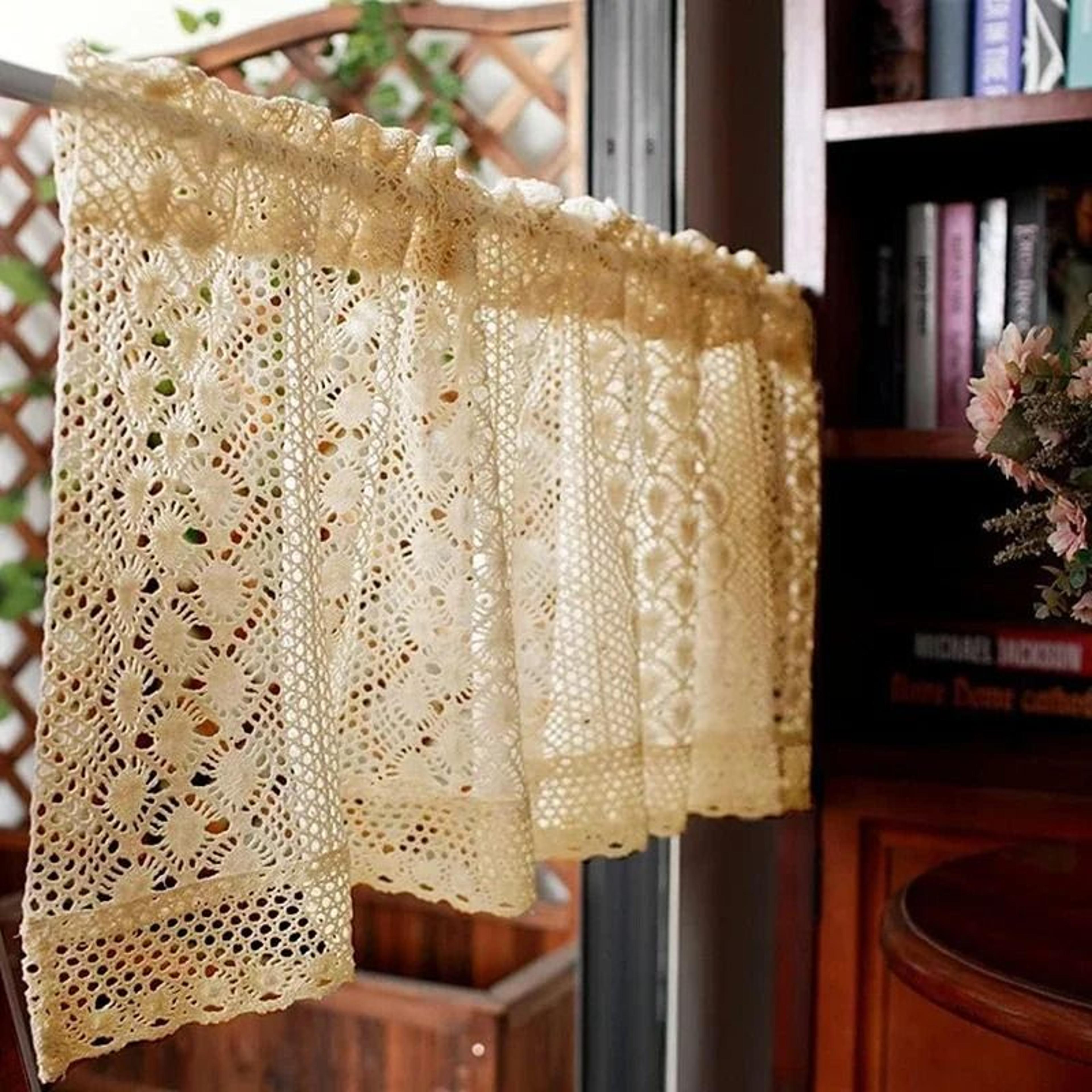 1pc rustic boho handmade crochet short curtain (farmhouse rod pocket lace drape for kitchen, closet & bathroom)
