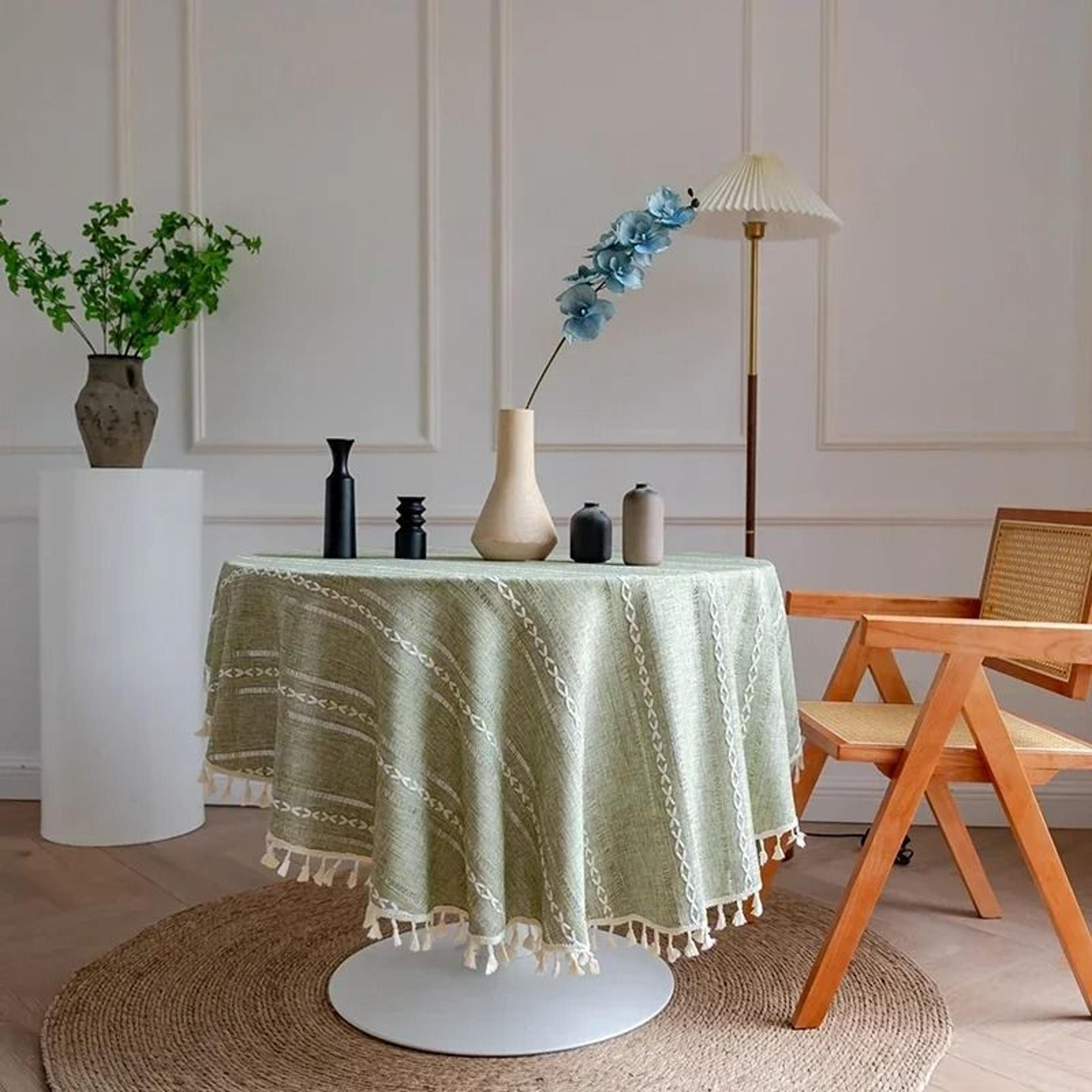 Solid Embroidered Round Tablecloth With Fringe Tassels DustProof Fabric Table Cover For Kitchen  Di 8