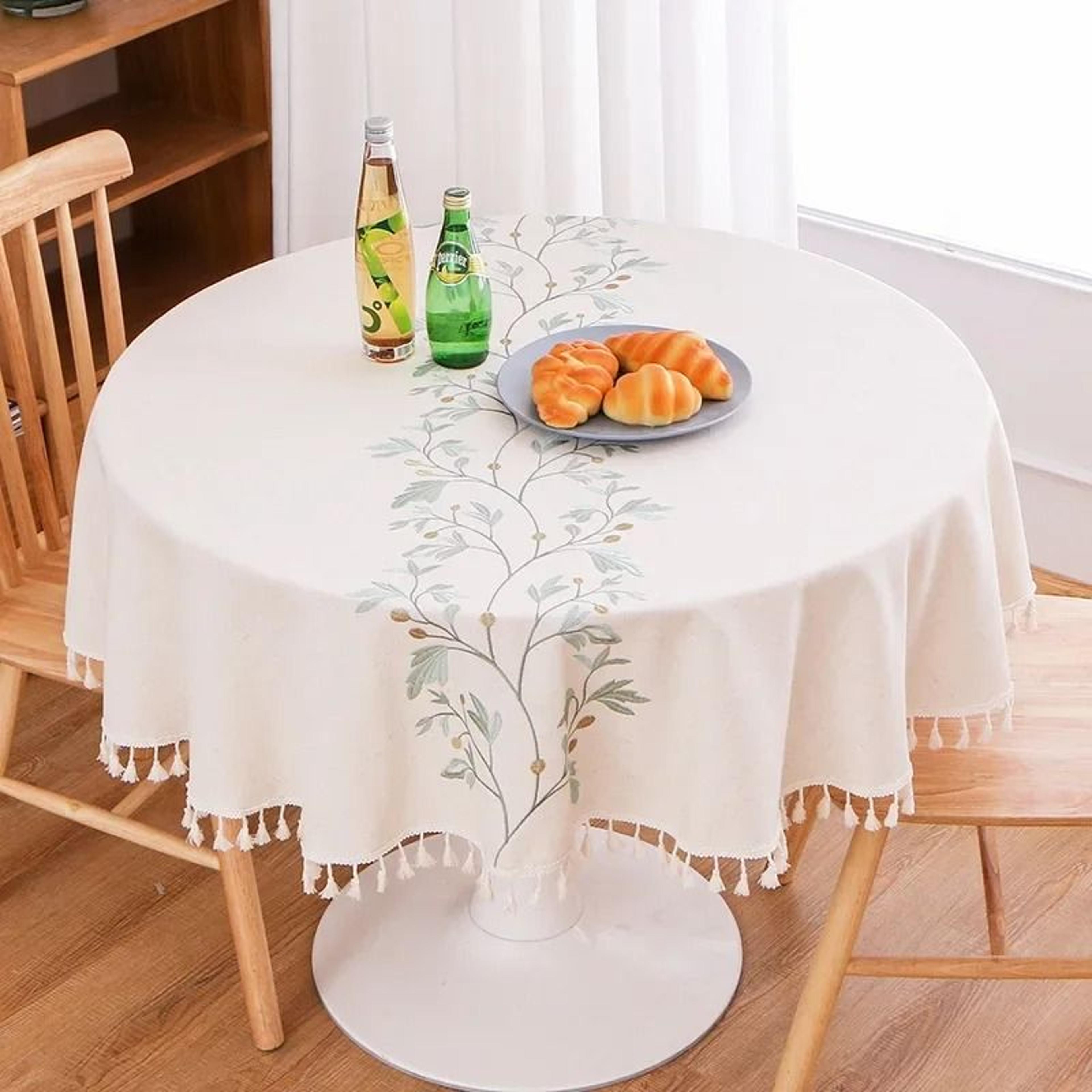Solid Embroidered Round Tablecloth With Fringe Tassels DustProof Fabric Table Cover For Kitchen  Di 2