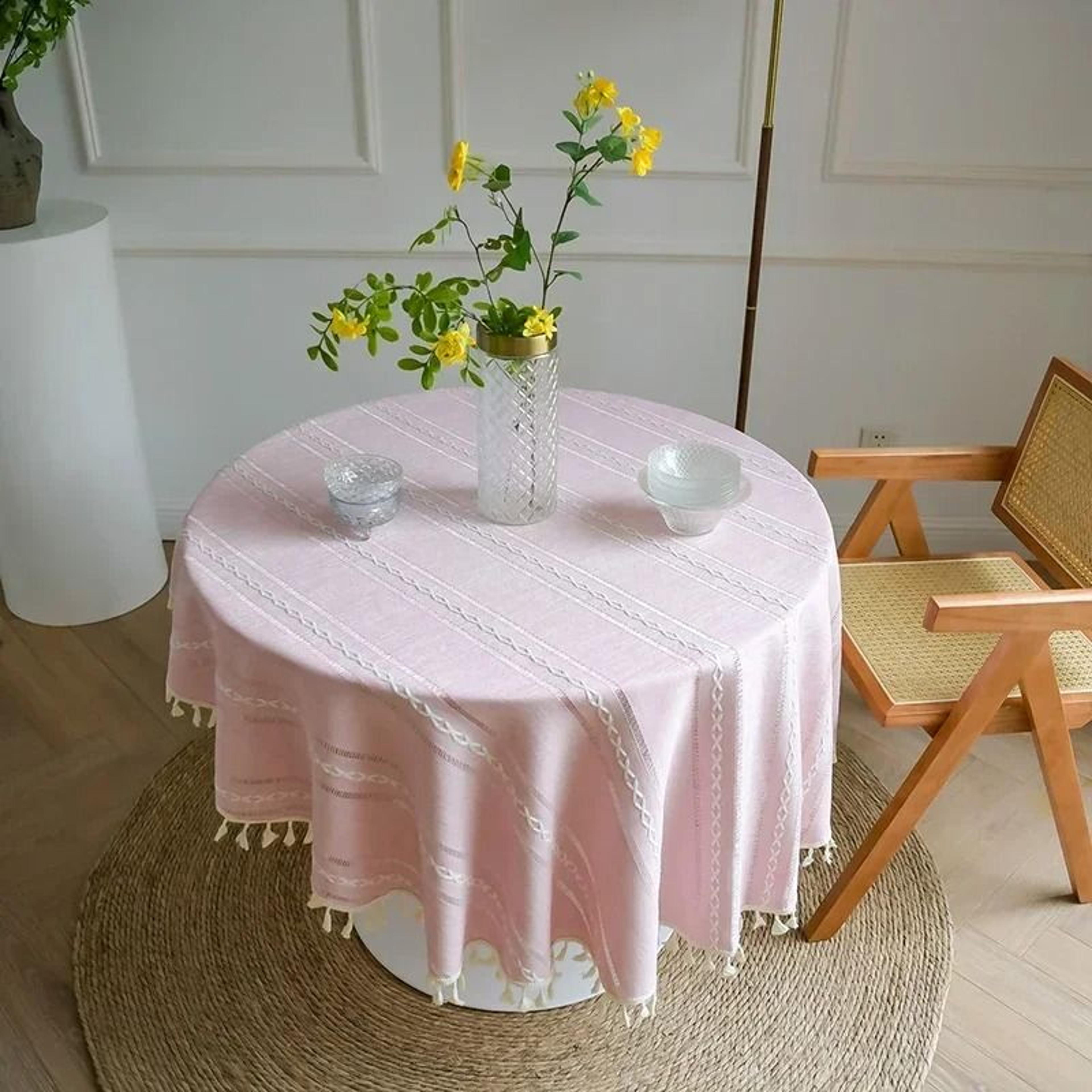 Solid Embroidered Round Tablecloth With Fringe Tassels DustProof Fabric Table Cover For Kitchen  Di 9