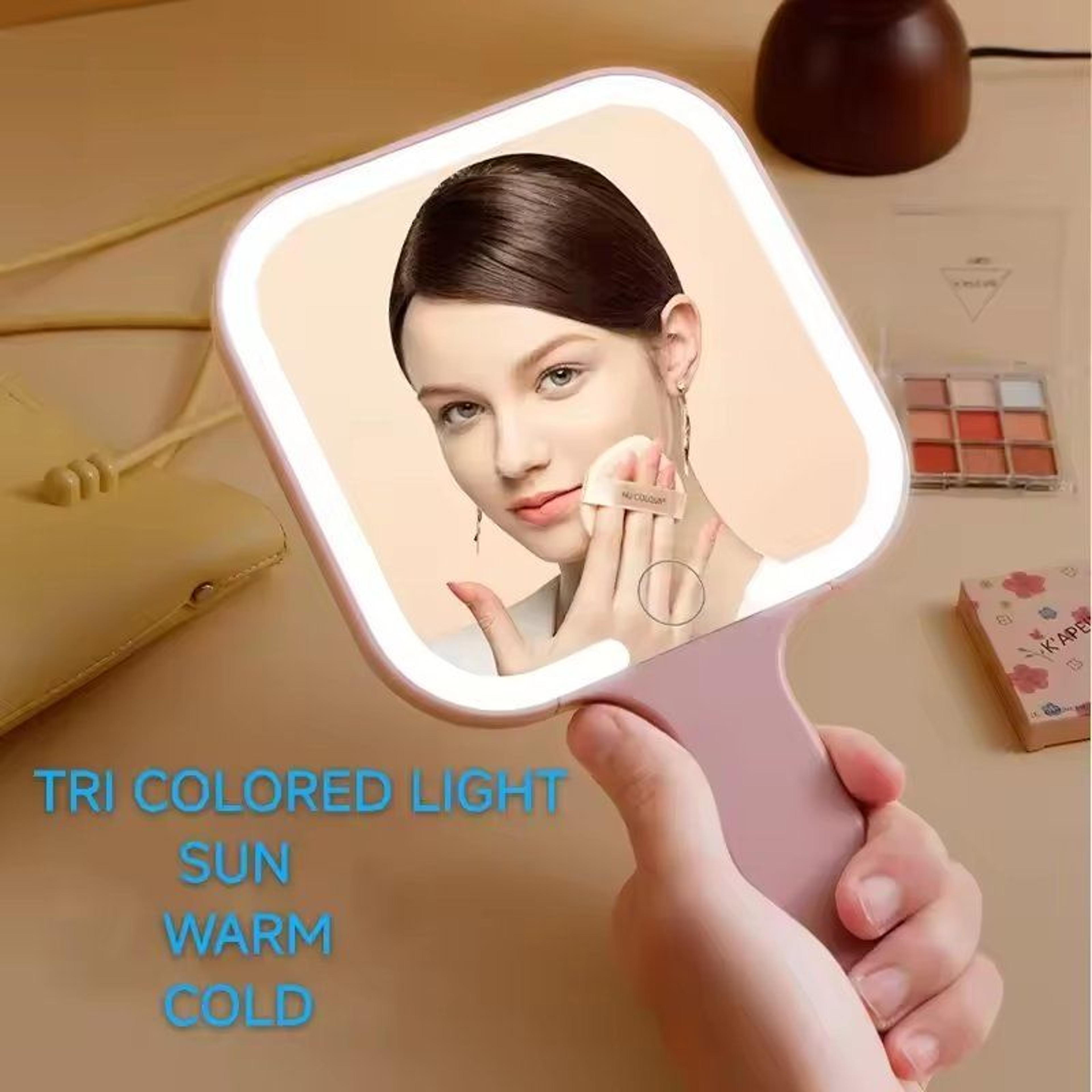 Compact LED Handheld Makeup Mirror With 3 Color Dimmable Lights 8