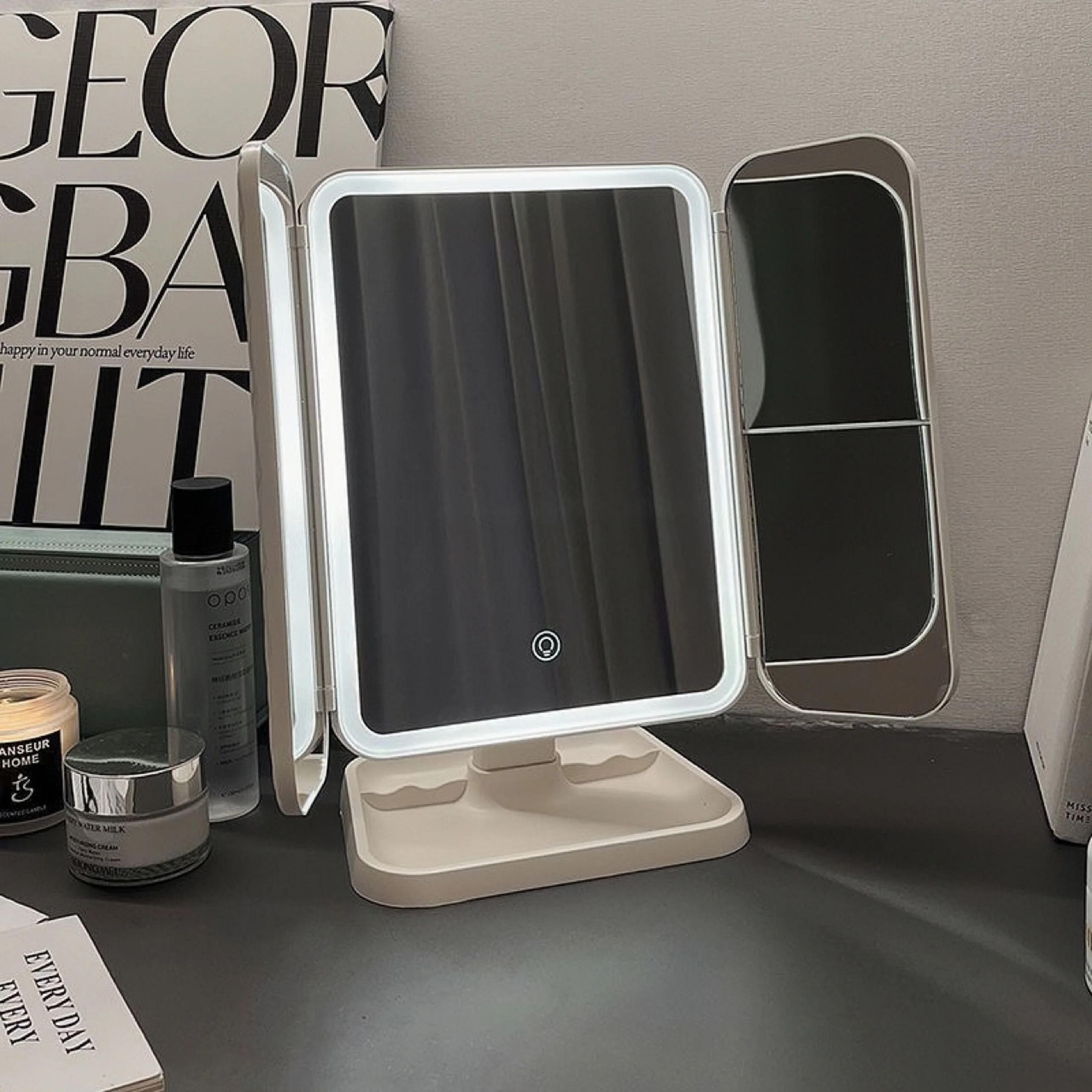 triple fold led fashion makeup mirror with touch dimming & multi-panel visibility