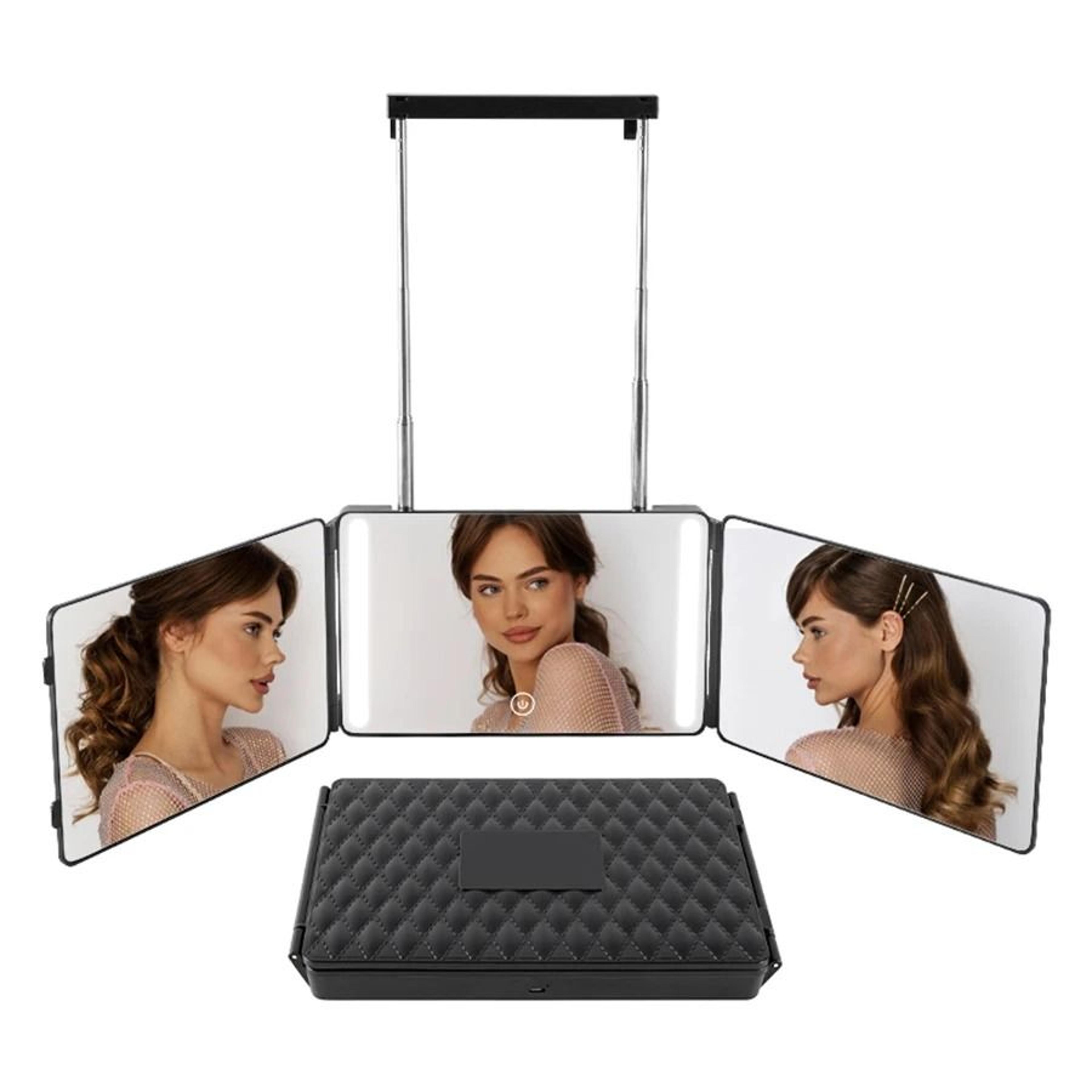 3-way portable led haircut mirror with 360° view & height-adjustable door hooks