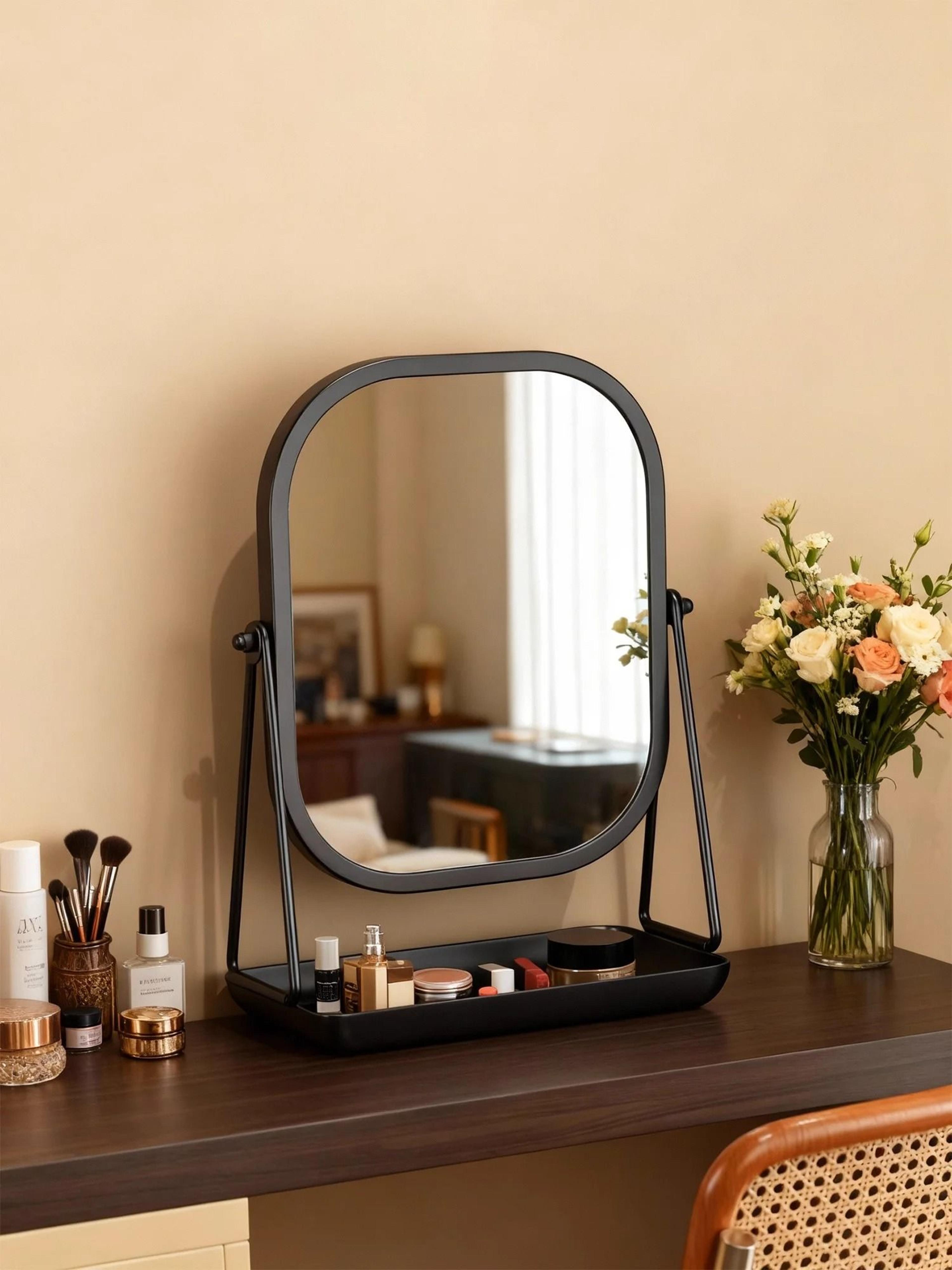 light luxury rotating desktop makeup mirror with integrated cosmetic storage tray