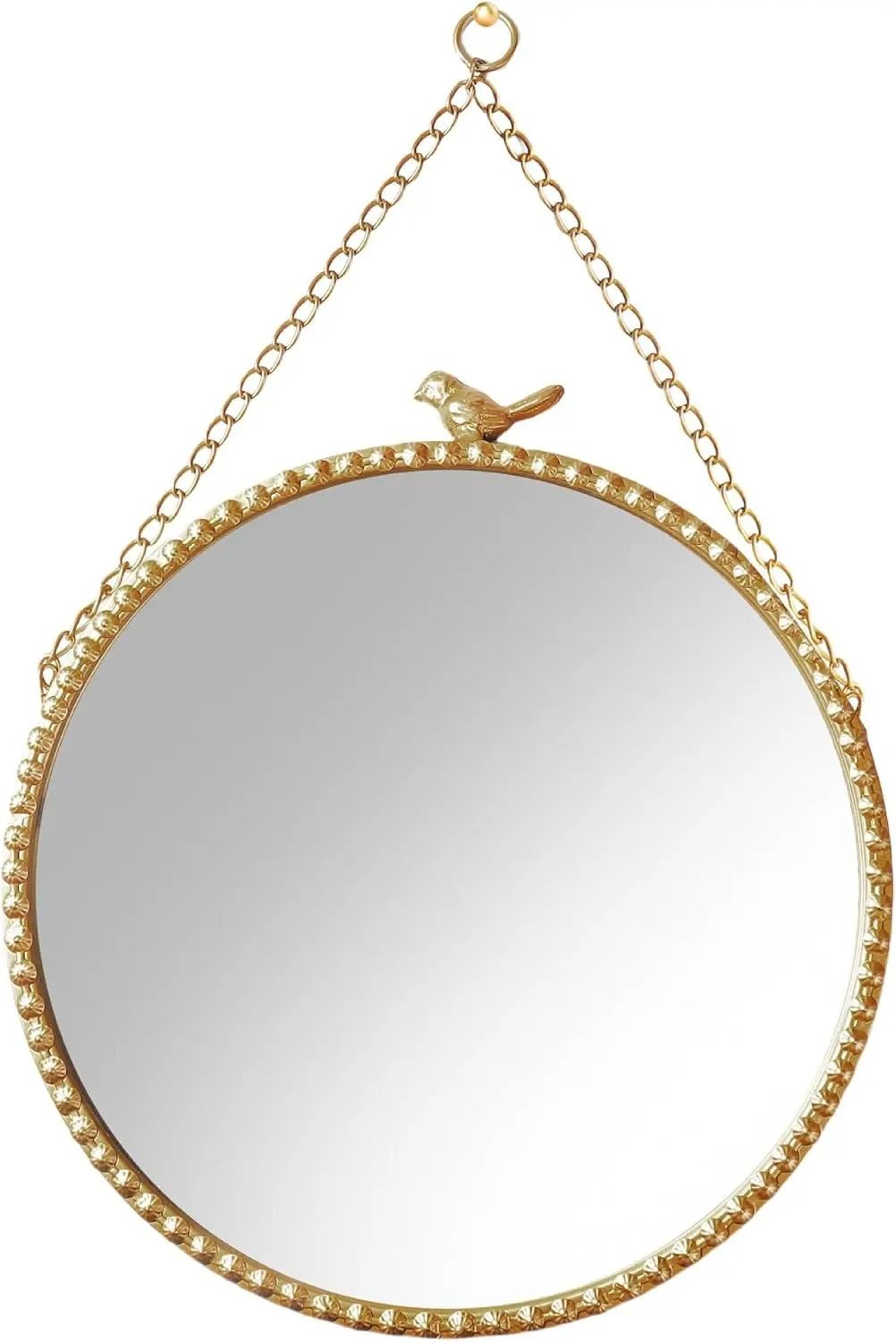 9.8-inch vintage gold round wall mirror with sparrow & bead metal frame