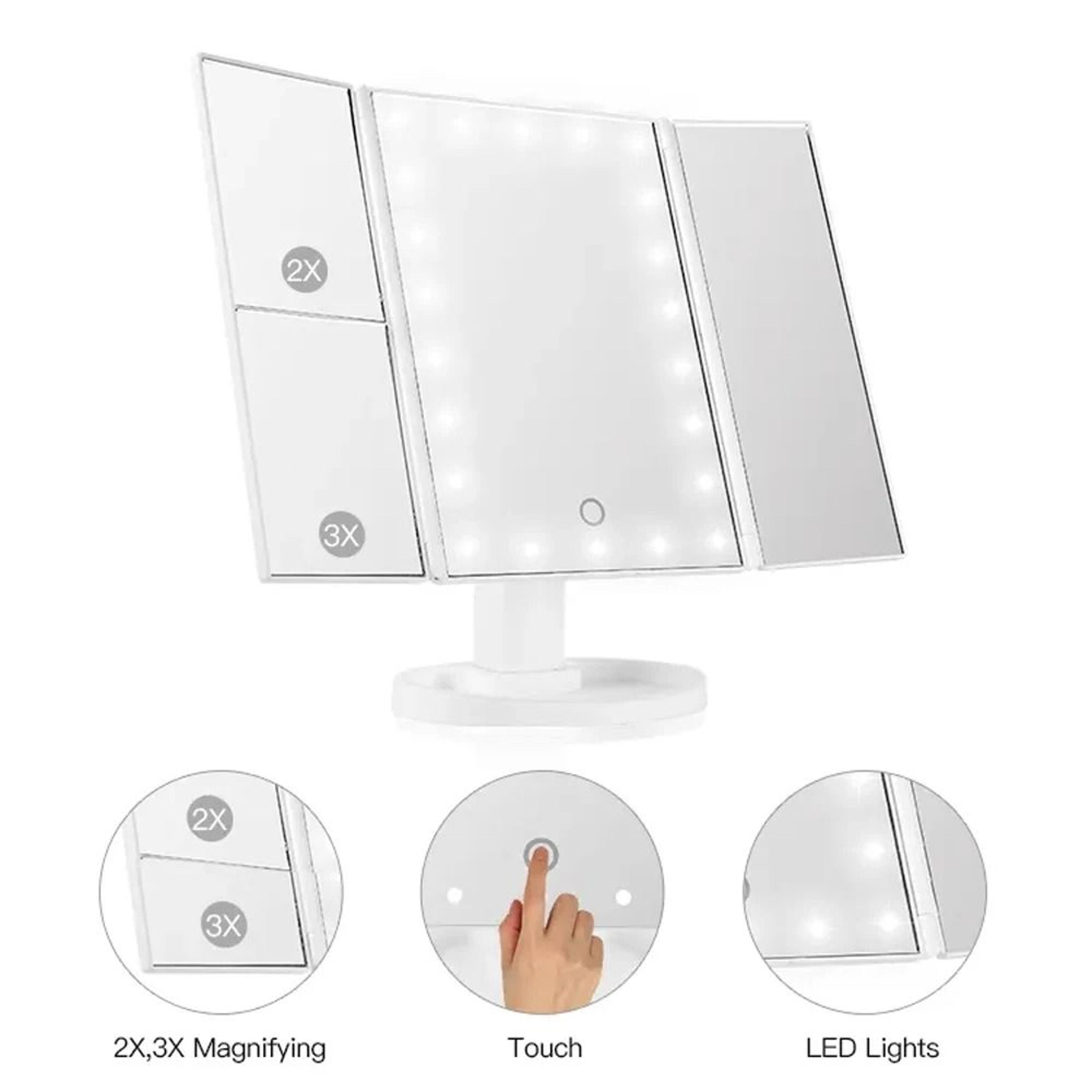 Trifold LED Makeup Vanity Mirror With 1X2X3X Magnification  Touch Screen Control 3