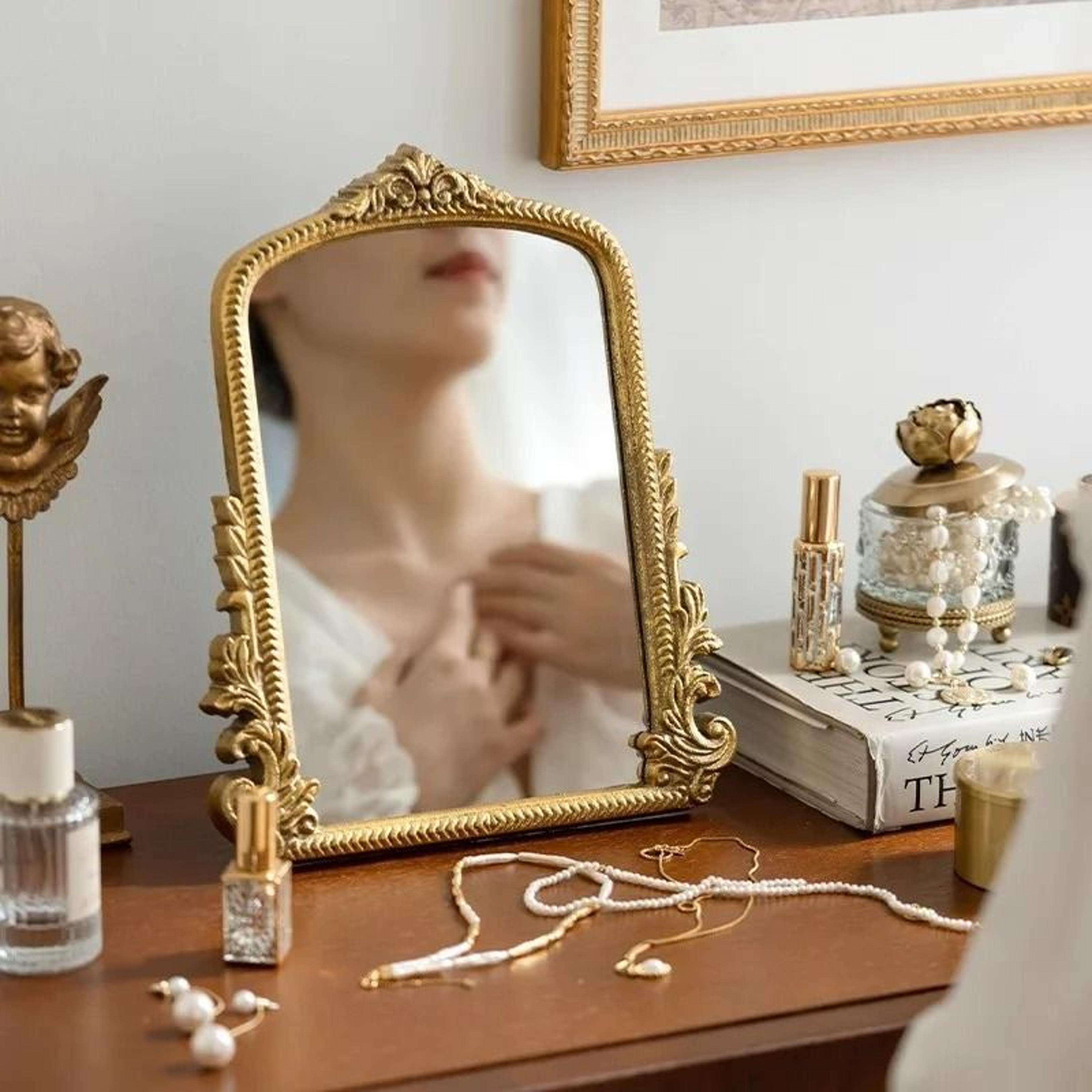 Vintage Gold Arch Table Standing Vanity Mirror For Antique Desk Decor 4