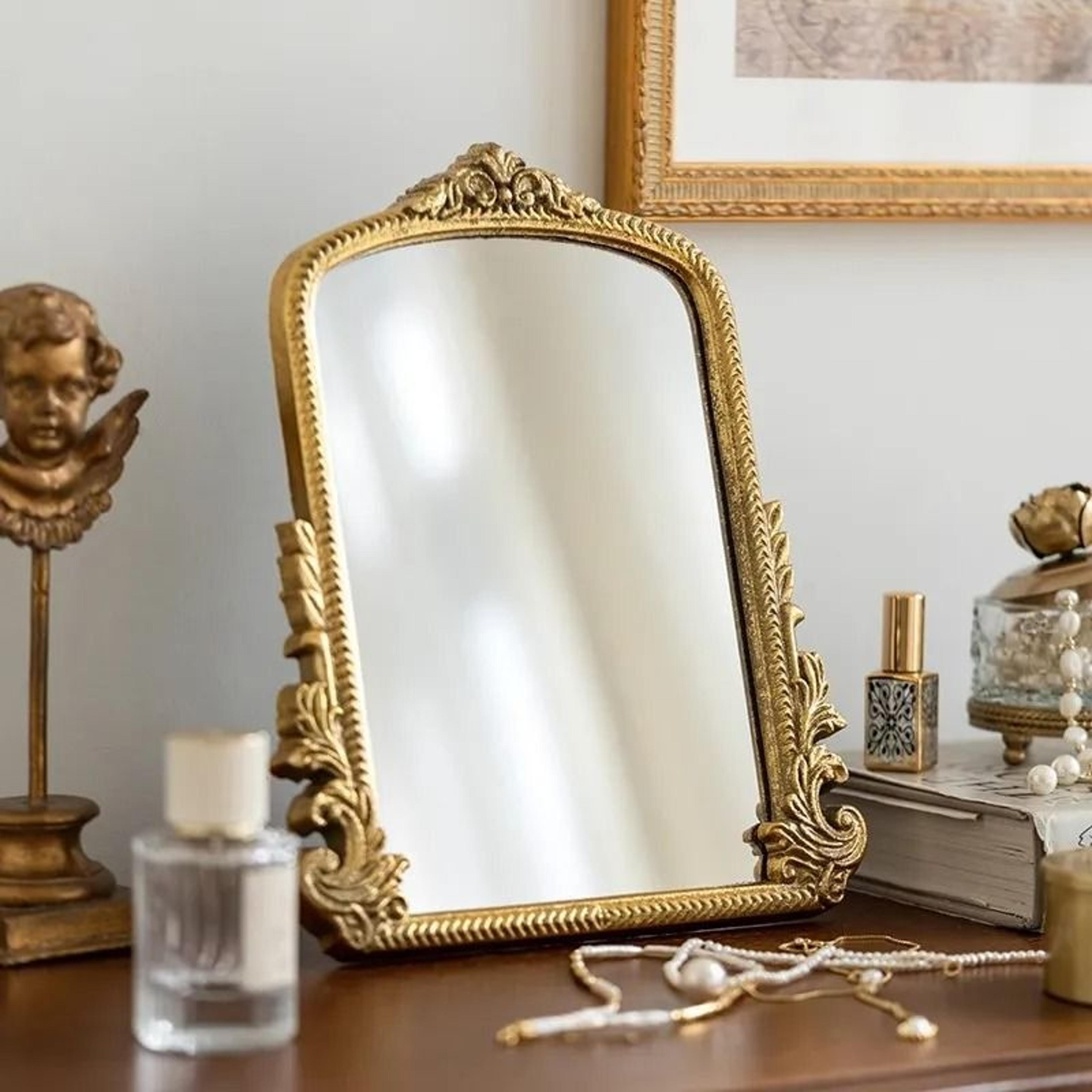 Vintage Gold Arch Table Standing Vanity Mirror For Antique Desk Decor 3