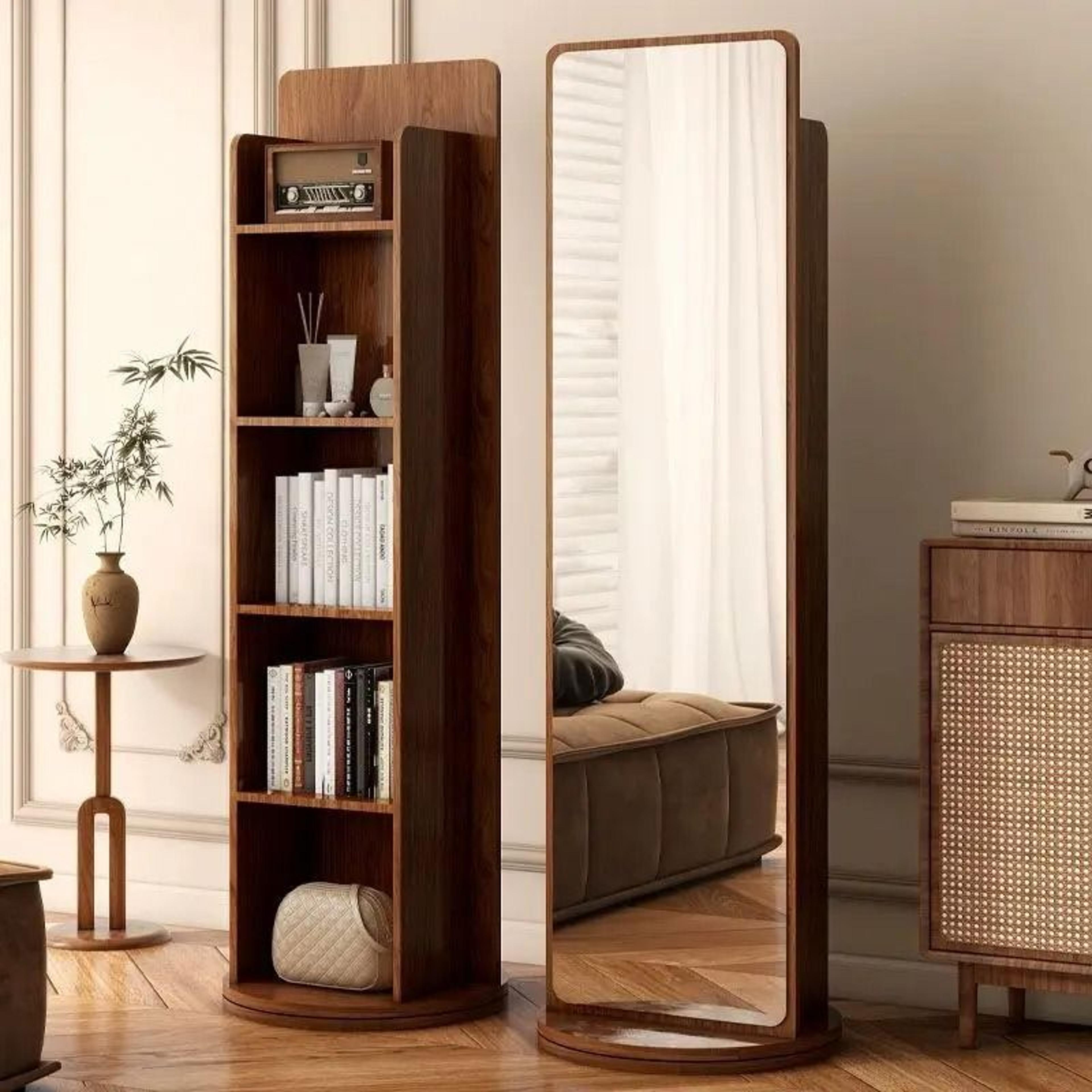 rotating wooden full-length floor mirror with bookshelf & storage base