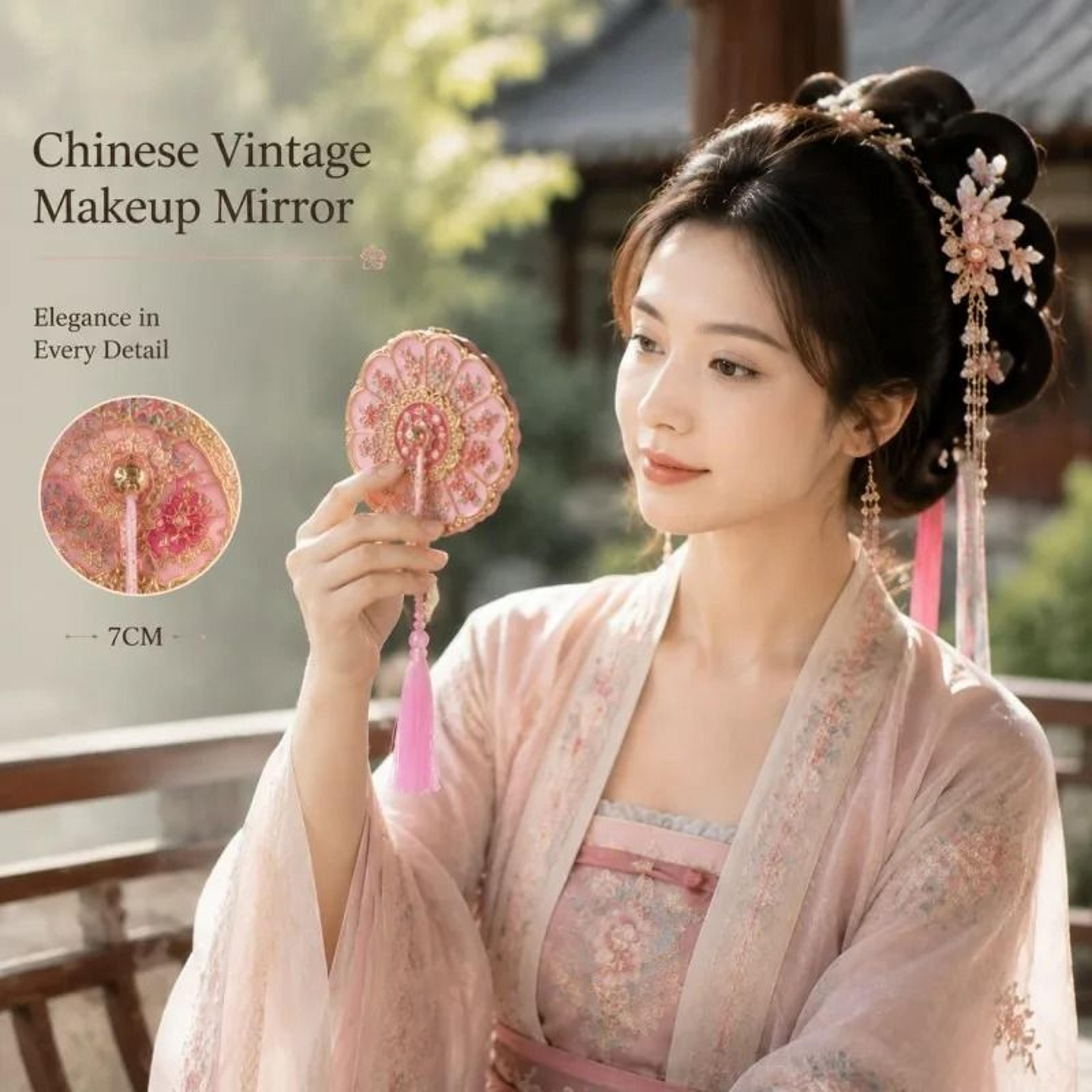 AncientStyle Chinese Floral Folding Handheld  Portable Makeup Mirror 2