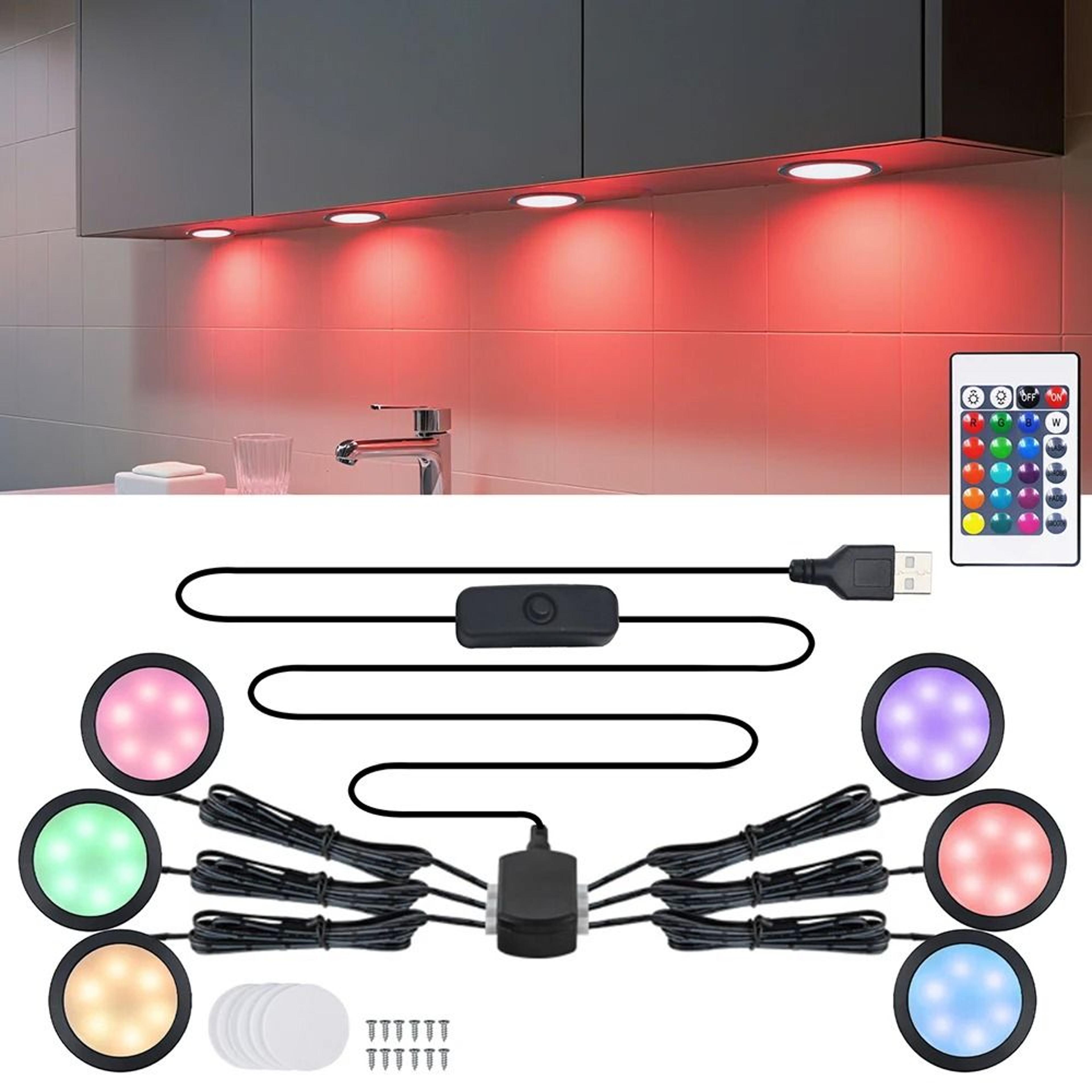 MultiPack 5V RGB LED Puck Cabinet Lights With 24Key Remote  USB Kit 2