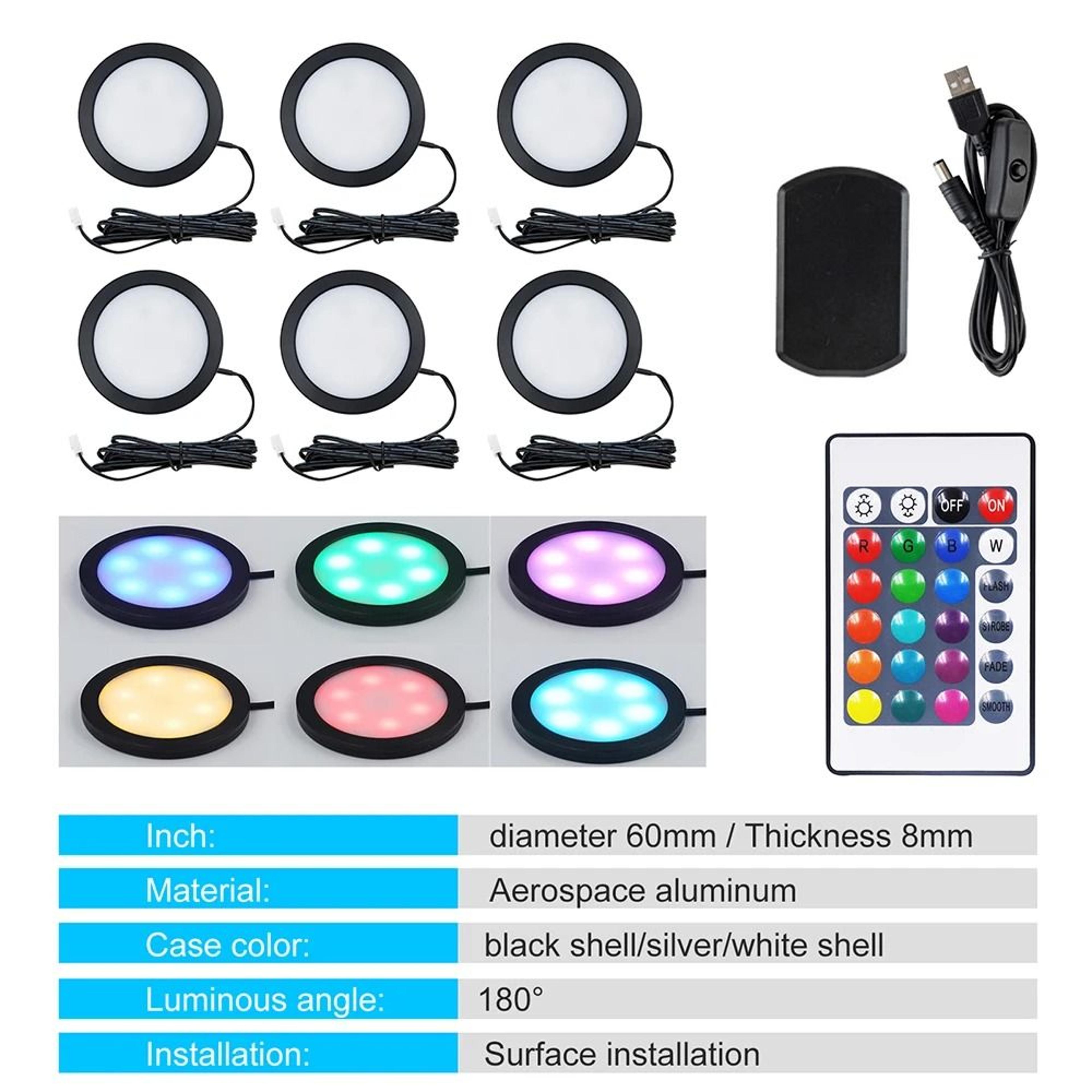 MultiPack 5V RGB LED Puck Cabinet Lights With 24Key Remote  USB Kit 9